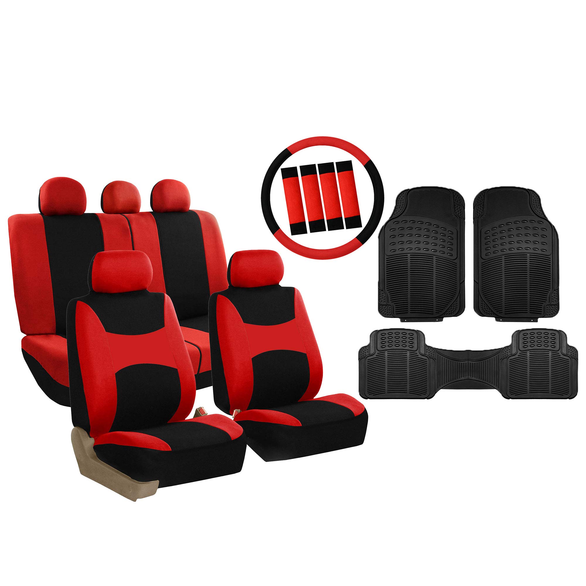 FH Group Light & Breezy Cloth Full Set Car Seat Covers Combo - Universal Fit for Cars, Trucks & SUVs (Steering Wheel Cover, Seat Belt Pads, Black Vinyl Floor Mats) - Red/Black - Perfect for Road Trips & Daily Commute