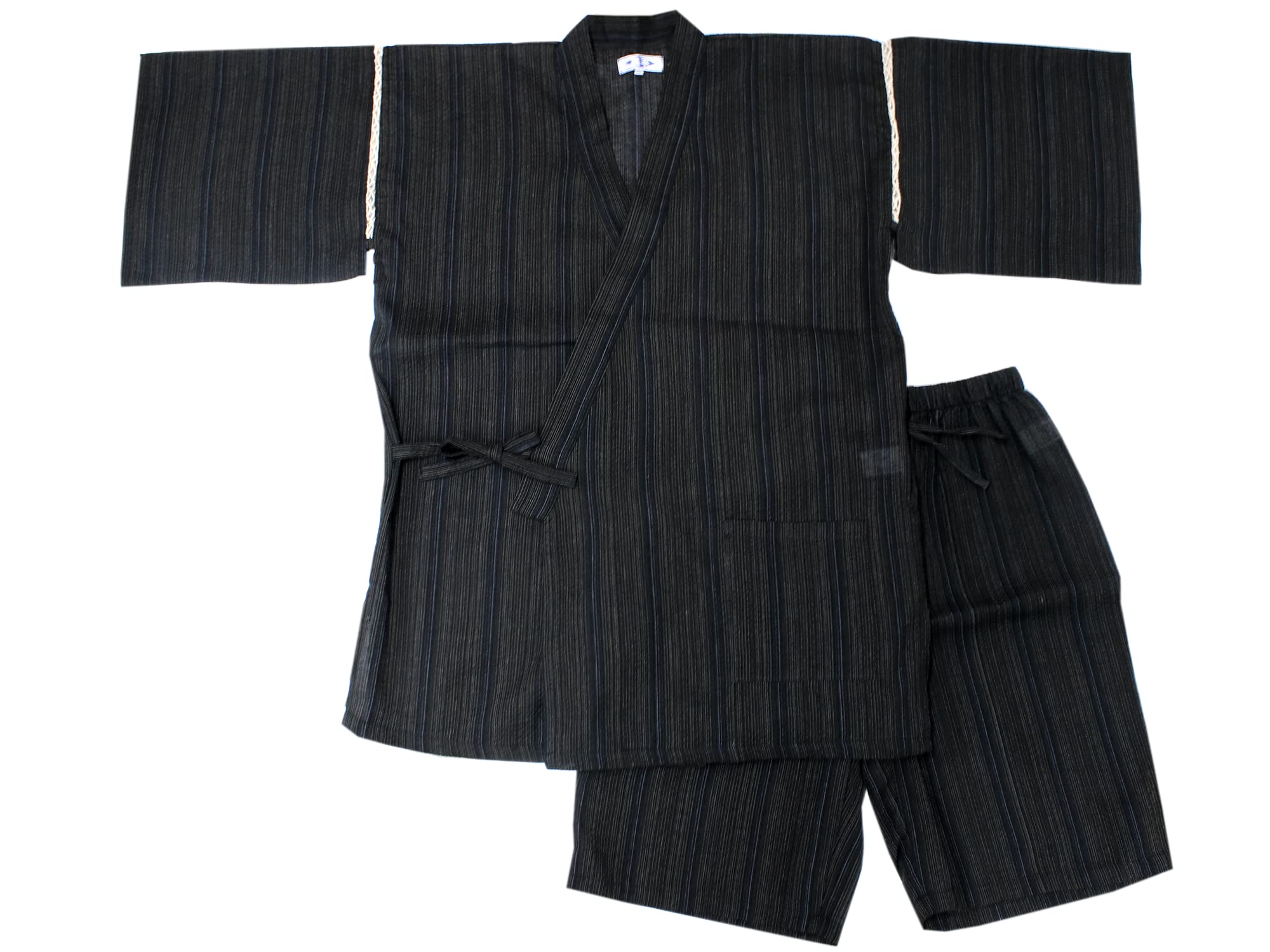 SIJIRAORI Men's Kimono Jimbei - 2XL Black Blue & Yellow Stripe Japanese Loungewear | Breathable Cotton Sleepwear, Casual Summer Outfit for Men | Perfect for Daily Wear, Ninja Cosplay & Halloween Costumes