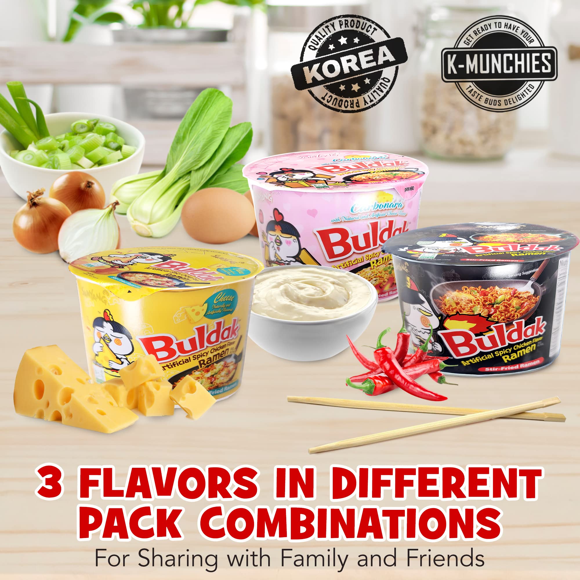 Samyang Roasted Chicken-Flavored Spicy Ramen Noodles - 3 Pack (105g Each) | Assorted Korean Instant Cup Noodles - Spicy Ramen, Spicy Chicken Cheese, Carbonara | Includes 3 Chopsticks | Perfect for Quick Meals, Late Night Snacks & Office Lunches