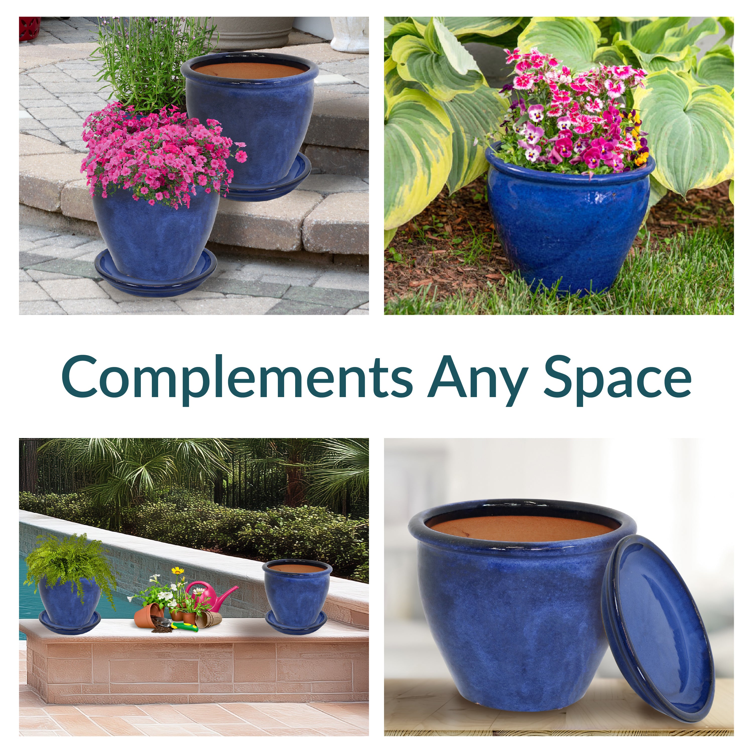 Sunnydaze 2-Pack Glazed Ceramic Plant Pots with Saucers - Indoor/Outdoor Decorative Flower Planters for Home, Garden, and Patio