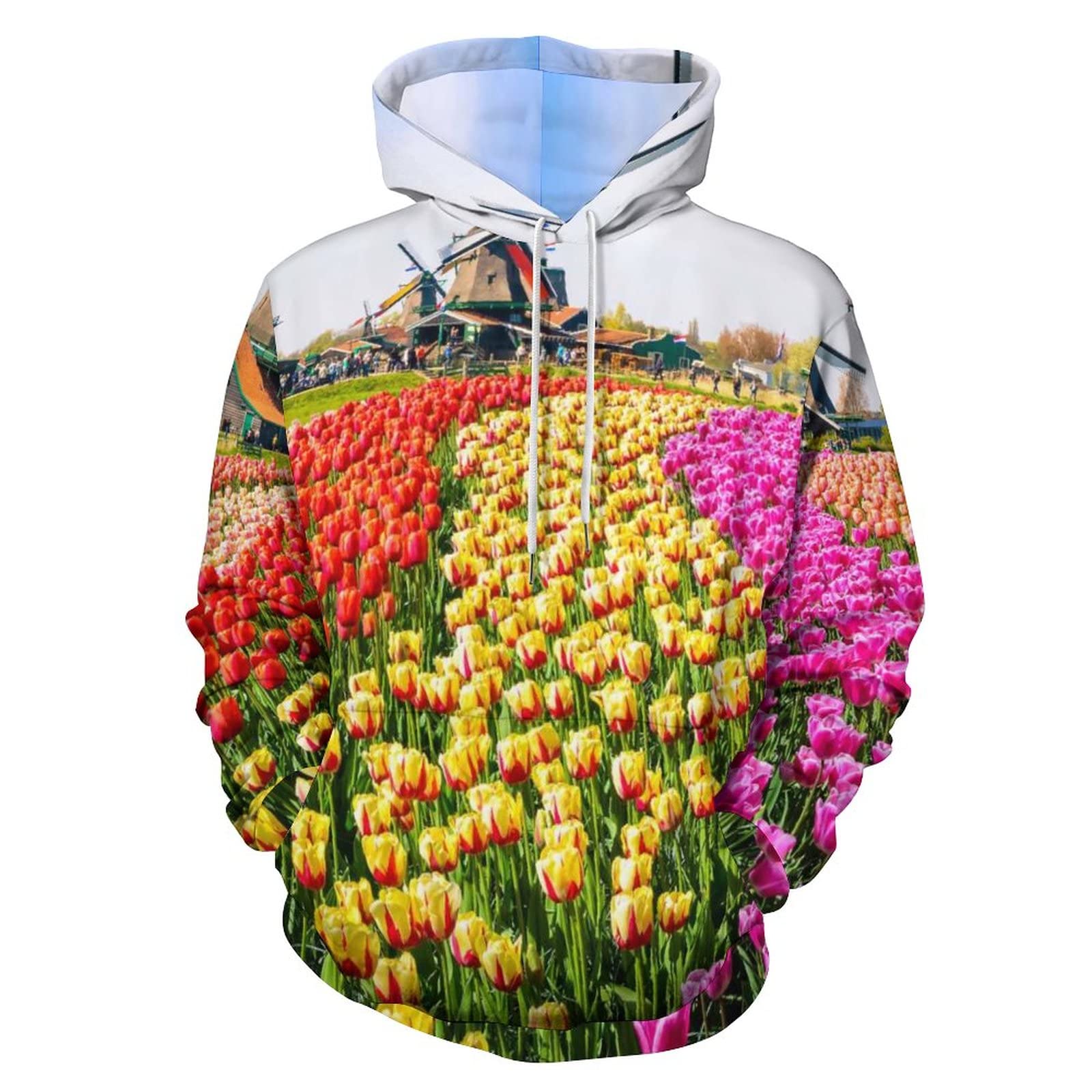 Stylish Unisex Floral Windmill Print Hoodie with Kangaroo Pocket - Cozy Pullover Sweatshirt for Men & Women | Perfect for Casual Outings, Travel & Outdoor Activities