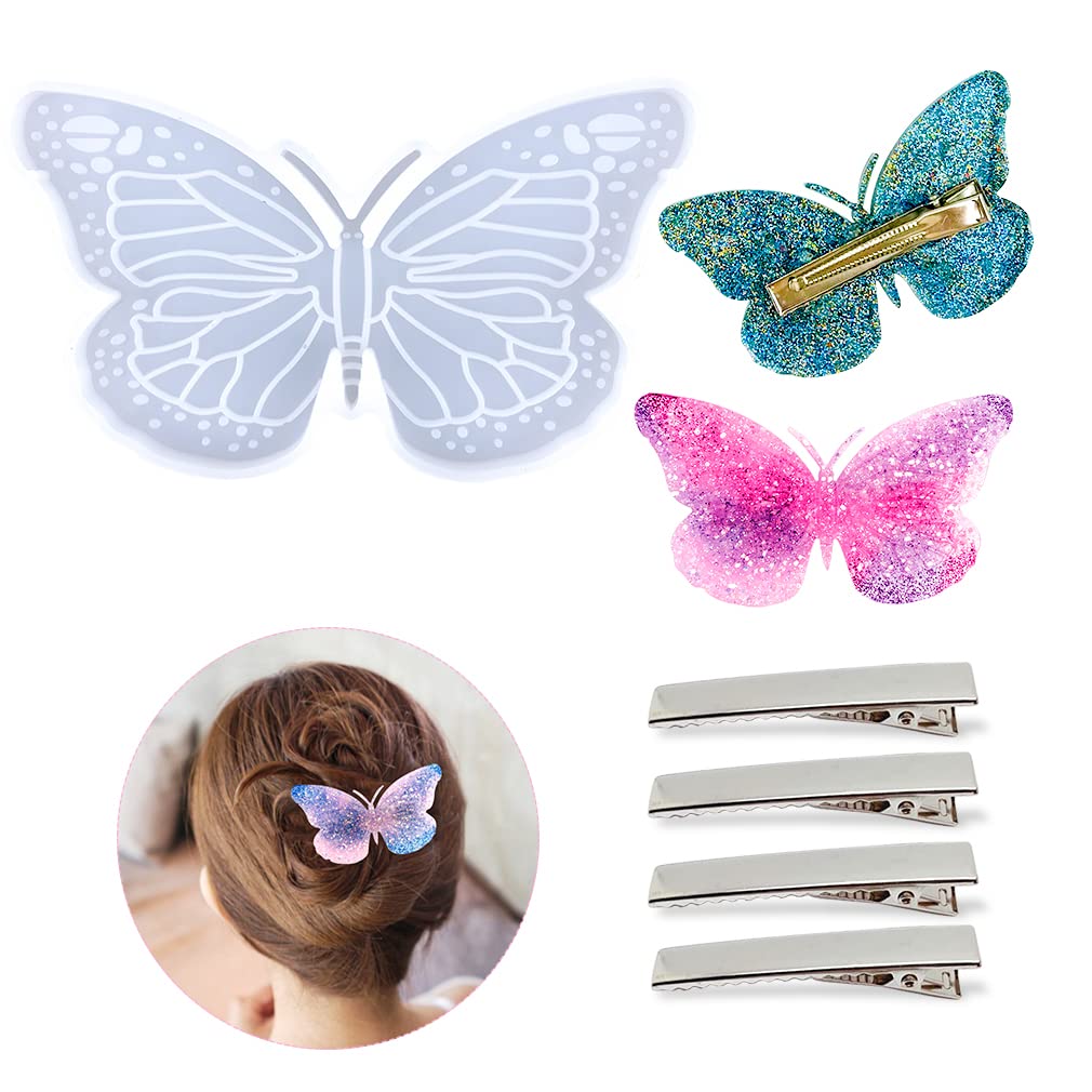 Butterfly Resin Molds for DIY Jewelry Making - Epoxy Silicone Casting Molds with 4pcs Silver Alligator Hair Clips - Perfect for Women's Hair Accessories, Charm Decorations & Handmade Crafts (Great for Parties, Gifts & Fashion Styling)