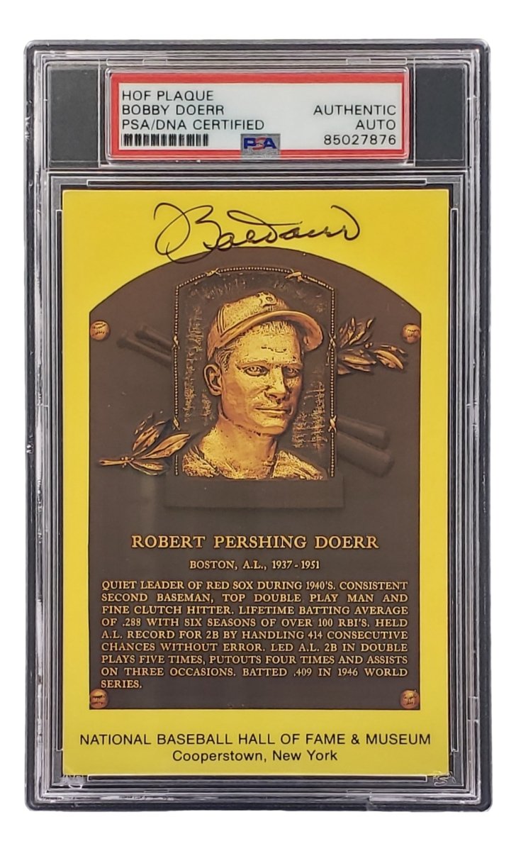 Bobby Doerr Autographed 4x6 Boston Red Sox Hall of Fame Plaque Card with PSA/DNA Certification #85027876 - Perfect for Baseball Memorabilia Collectors and Red Sox Fans Display