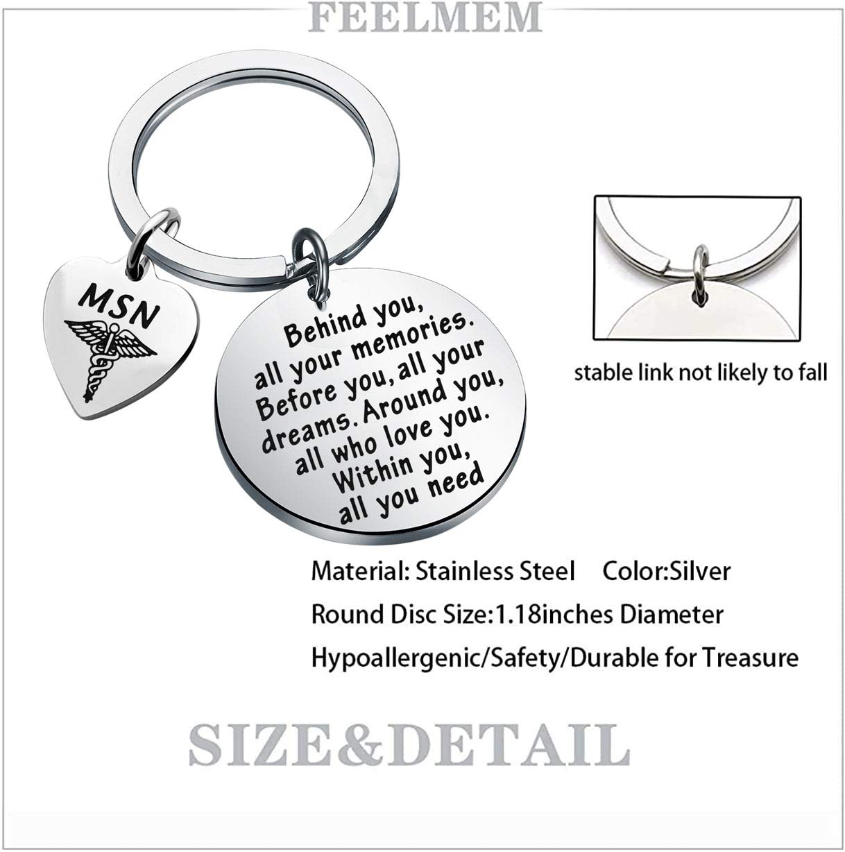 FEELMEM MSN Keychain - Master of Science in Nursing Graduation Gift for Nurses - Personalized Behind You All Your Memories Charm - Perfect for Nurse Graduation, Birthday & Appreciation Gifts