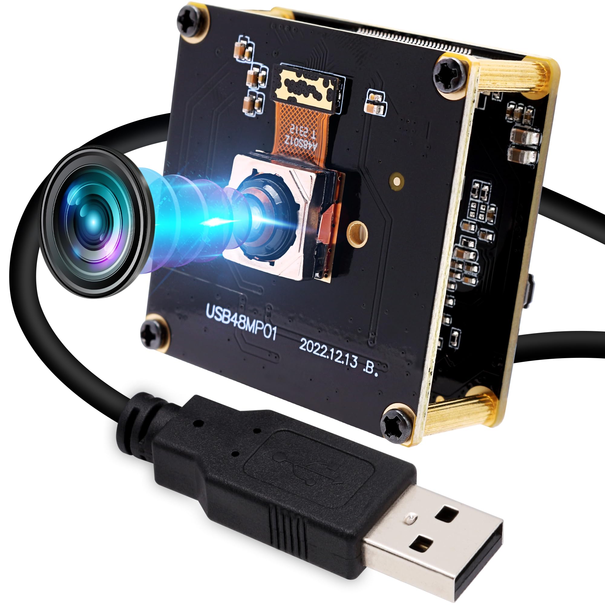 48MP USB Camera Module with Fast Auto Focus - 70° No Distortion Lens Webcam | UVC USB 2.0 Industrial Camera (8000x6000) for PC/Laptop/Jetson | Perfect for Video Conferencing, Live Streaming & Machine Vision Applications