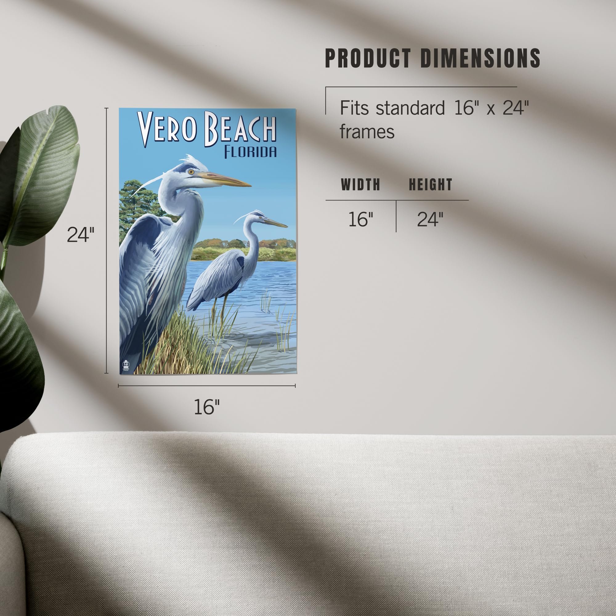 Lantern Press 16x24 Inch Giclee Art Print - Vero Beach Florida Blue Heron Wall Decor - Coastal Home Decor & Office Artwork for Beach House Living Rooms