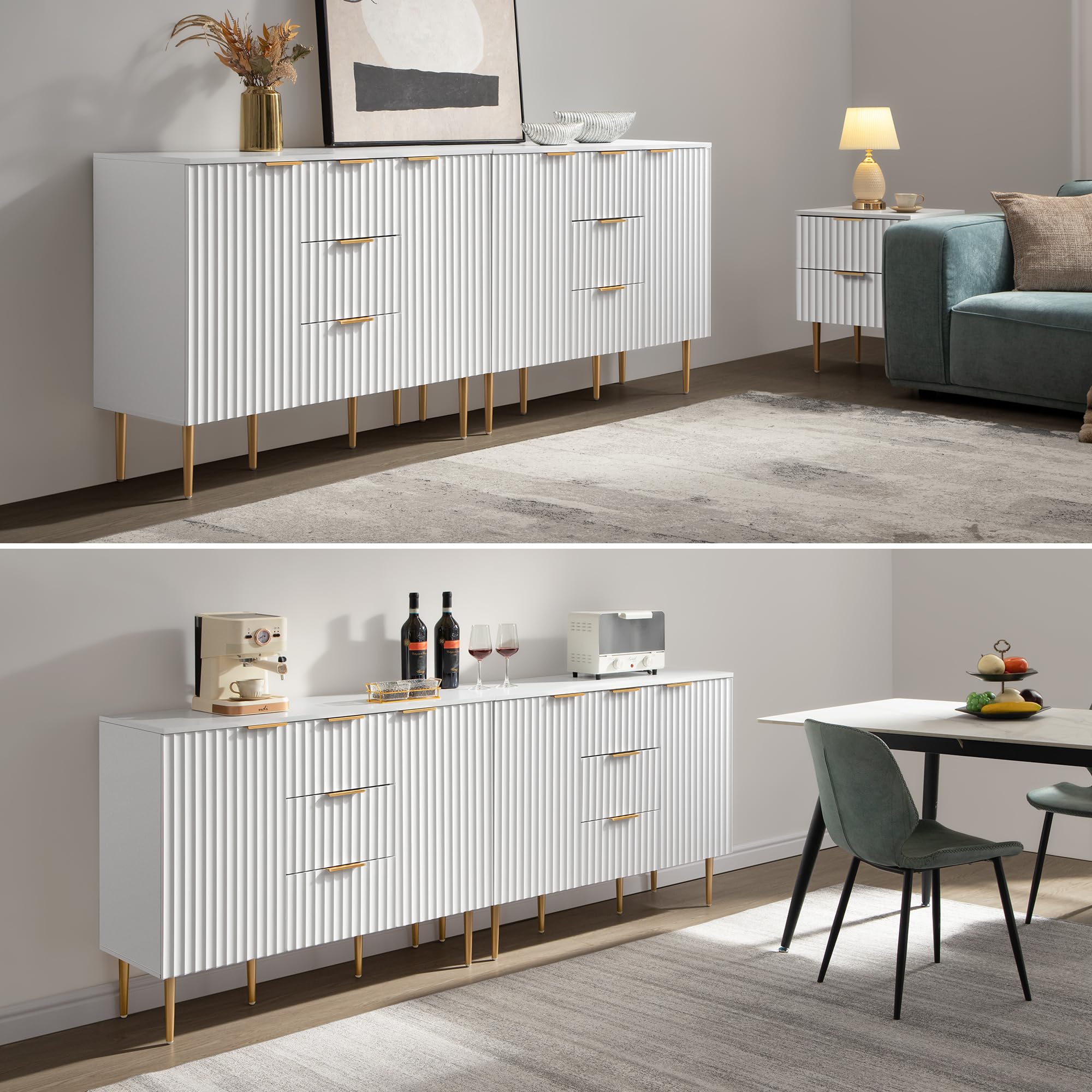 SICOTAS White Fluted Buffet Sideboard Cabinet with 3 Drawers, Doors & Shelves - Modern Kitchen Credenza, Coffee Bar & Living Room Storage Furniture for Dining Room, Hallway & Home Decor (1 Piece)