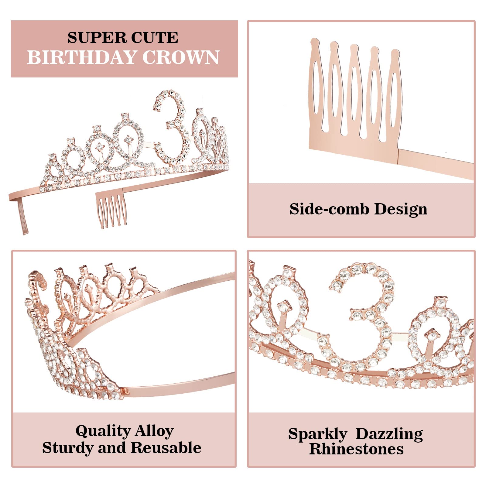 3rd Birthday Party Decorations for Girls - Pink Princess Tiara, Sash, Candles & Cake Toppers Set | Perfect 3 Year Old Girl Birthday Gifts | Great for Princess Themed Parties, Photo Booths & Birthday Celebrations