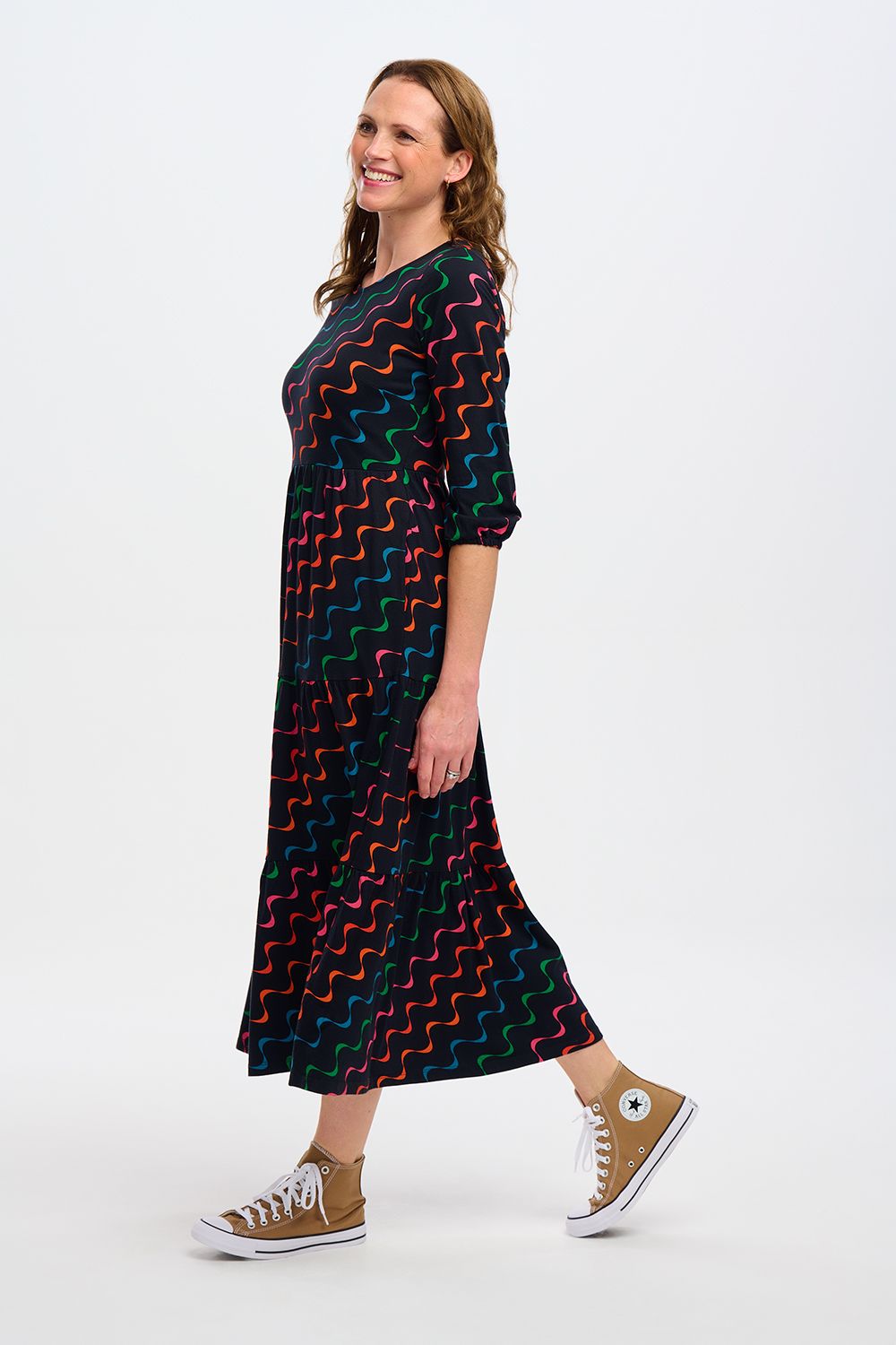 BAKARI Jersey Tiered Midi Dress - Black with Undulating Waves Design | Flowy Summer Dress for Women | Perfect for Beach, Vacation, and Casual Outings