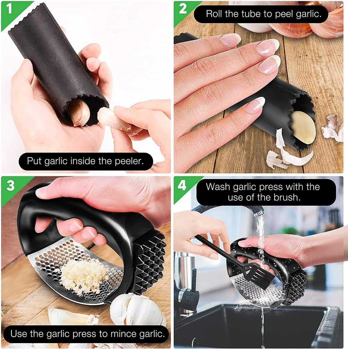 Premium Stainless Steel Garlic Press & Mincer - Heavy Duty Garlic Chopper with Peeler & Cleaning Brush - Professional Kitchen Tool for Crushing Garlic Cloves - Perfect for Cooking, Meal Prep & Italian Cuisine (Black)