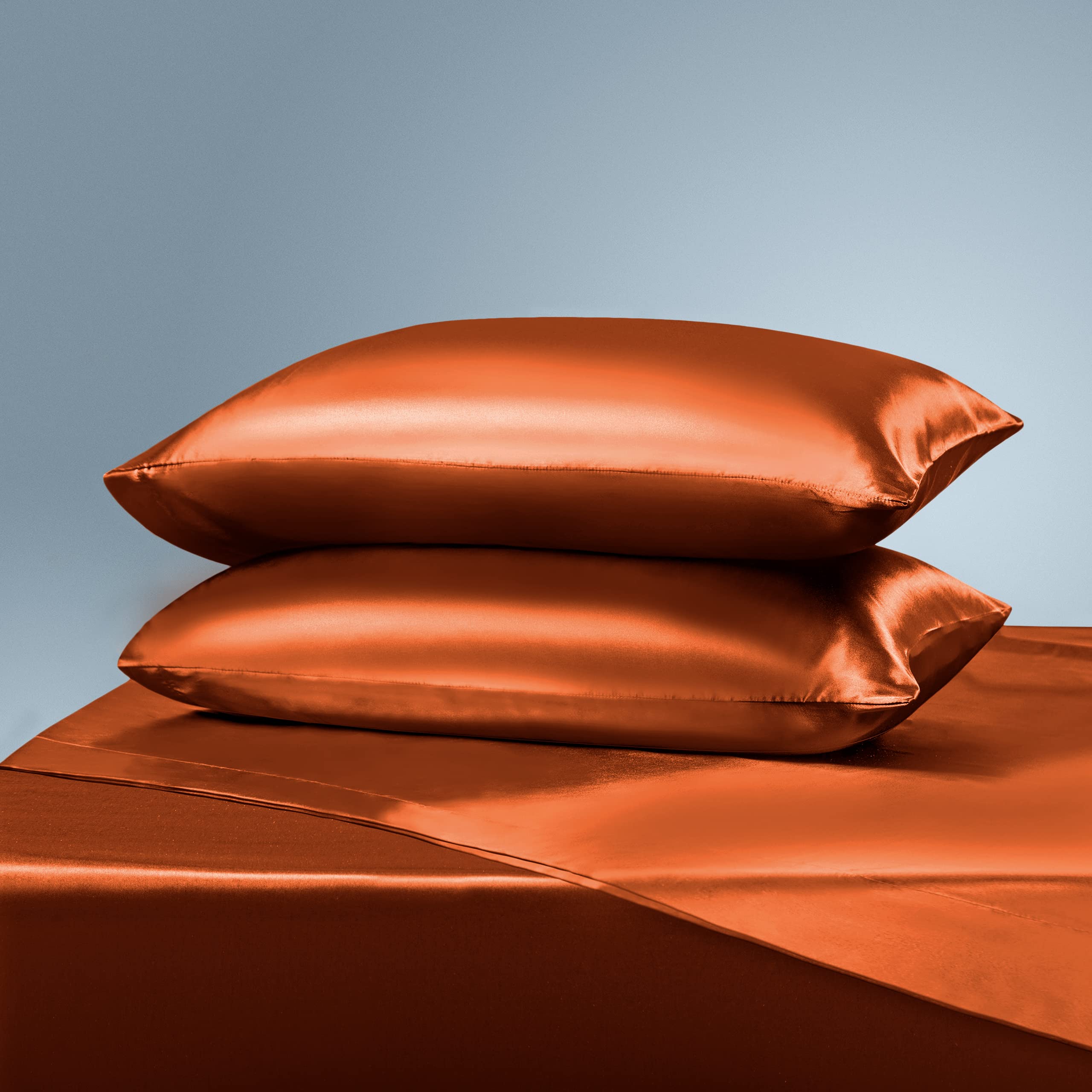 Luxury Satin Queen Sheets Set - 4 Piece Soft Bedding Set with Fitted & Flat Sheets and Pillowcases in Rust Orange | Perfect for Master Bedroom, Guest Room & Hotel Decor