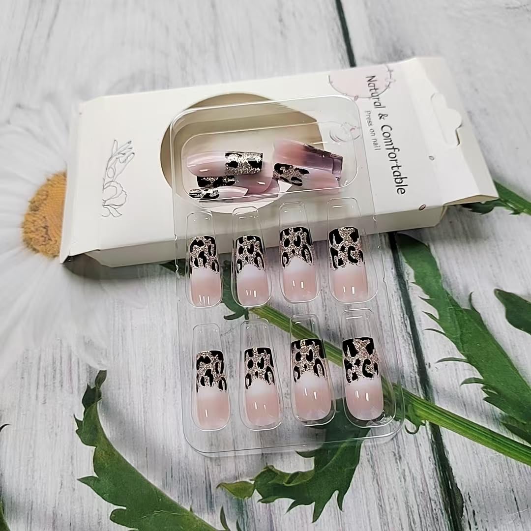 QUNQINLI 24Pcs Leopard Print Press On Nails - Medium Square Fake Nails with Glossy Design, Nude Pink False Nails with White Tips, Full Cover Acrylic Nail Kit for Women | Perfect for Parties, Weddings & Daily Manicure