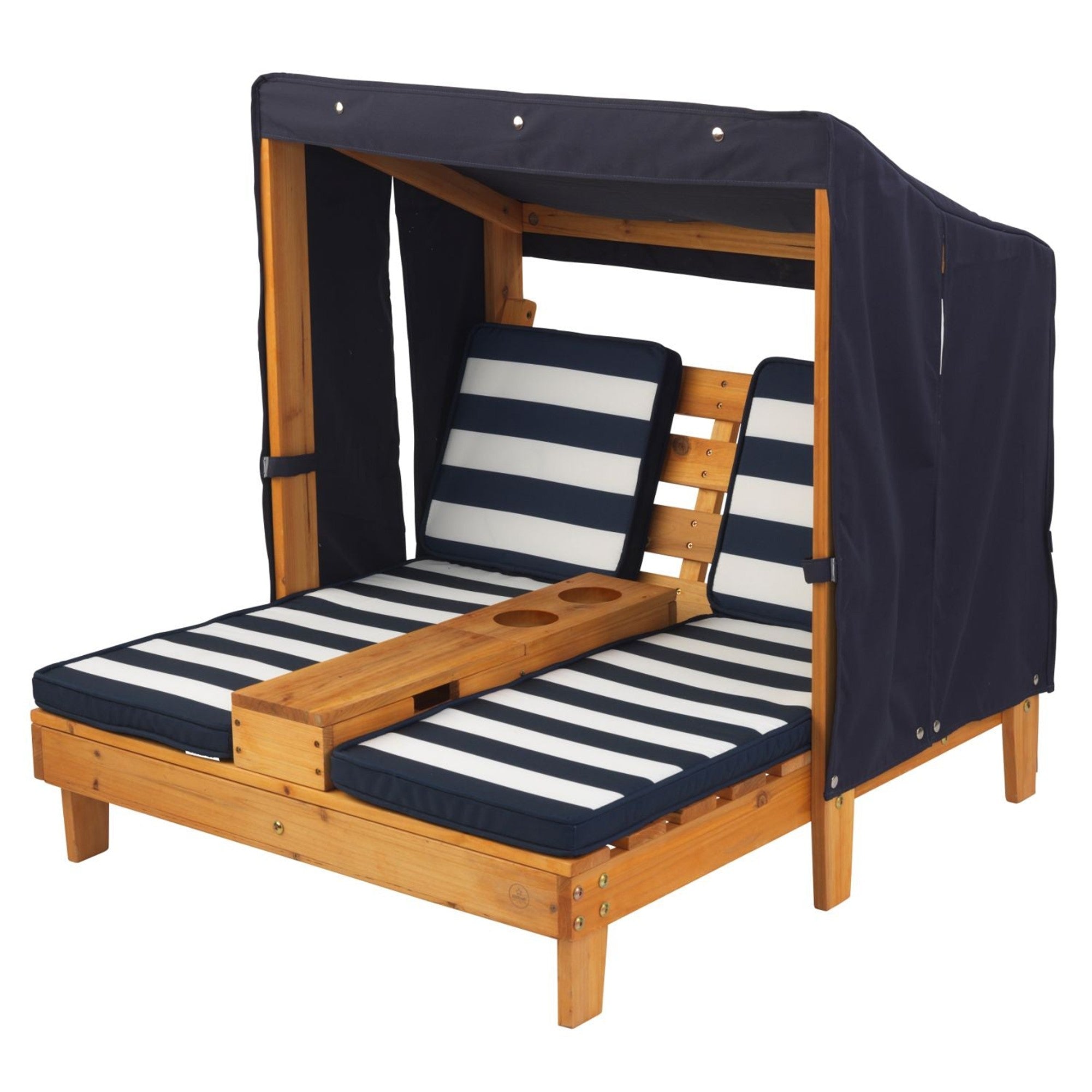 KidKraft Double Chaise Lounge with Cup Holders - Honey & Navy Blue Outdoor Kids Furniture for Backyard, Patio, or Poolside Relaxation