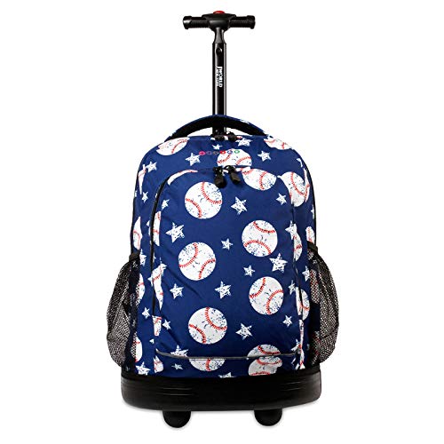 J World New York Kids & Adults Rolling Backpack - Baseball Design Lightweight Wheeled School Backpack for Boys Girls - Perfect for Travel, School, Sports & Daily Use