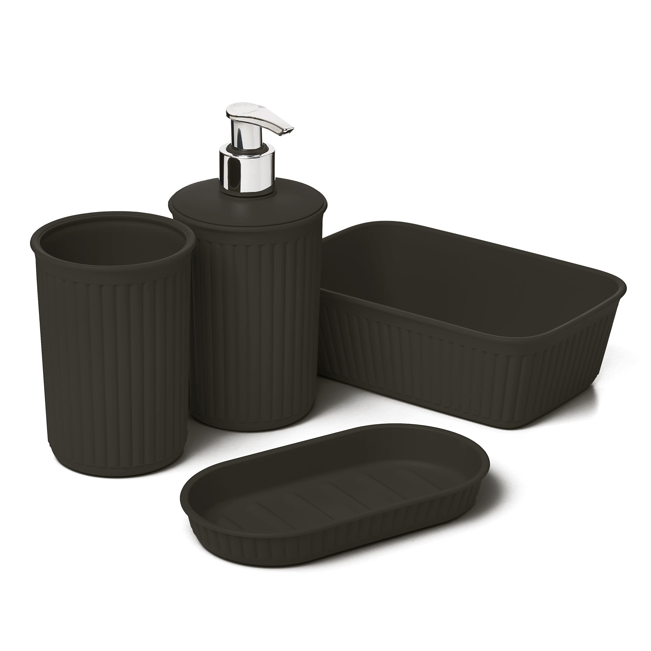 Superio Ribbed Collection - 6-Piece Decorative Plastic Bathroom Accessories Set in Brown | Soap Dish, Liquid Soap Dispenser, Toothbrush Holder, Organizer Bin, Vanity Tray & Toilet Brush | Modern Bathroom Decor for Home, Apartment & Guest Bathroom Organization
