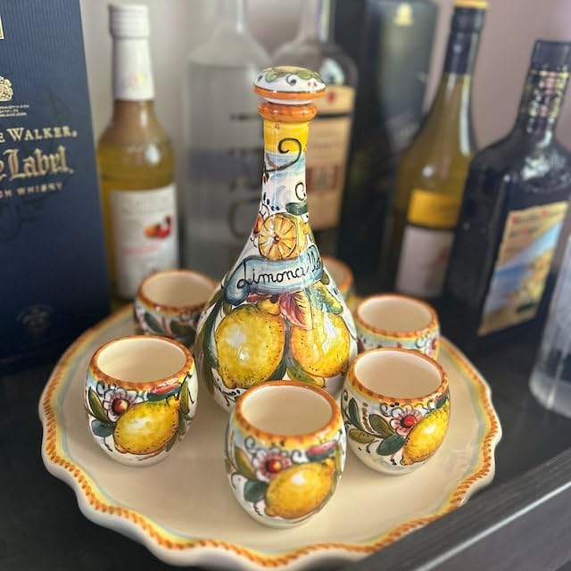 Italian Ceramic Pottery Set - Hand Painted Tuscan Limoncello Shot Glasses with Tray & Bottle (6 Cups) - Authentic Made in Italy Lemon Decor - Perfect for Home Bar, Gift Giving & Italian-Themed Parties