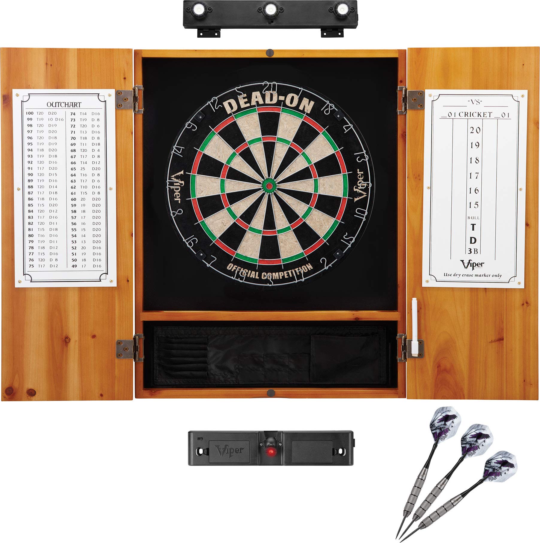 Premium Viper Dead On Professional Sisal Dartboard with Metropolitan Oak Cabinet - Includes Shadow Buster LED Lighting & Laser Throw Line Marker for Home Game Rooms, Bars, and Man Caves