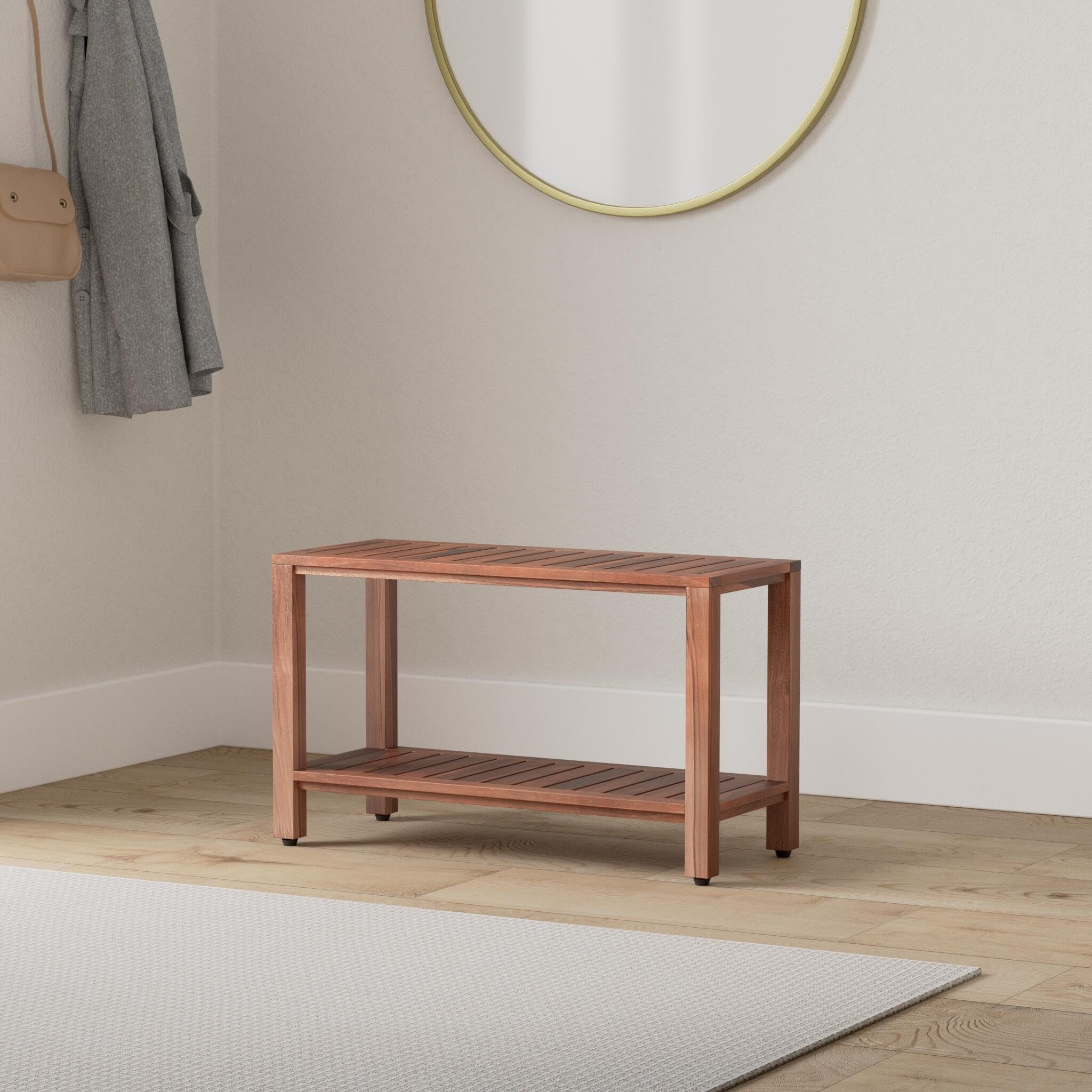 Teak Shower Bench with Shelf 30 Inch - Solid Teak Wood Bathroom Stool for Spa, Sauna & Shower | Freya Fully Assembled Shower Seat | Perfect for Relaxation, Exfoliation & Bathroom Storage