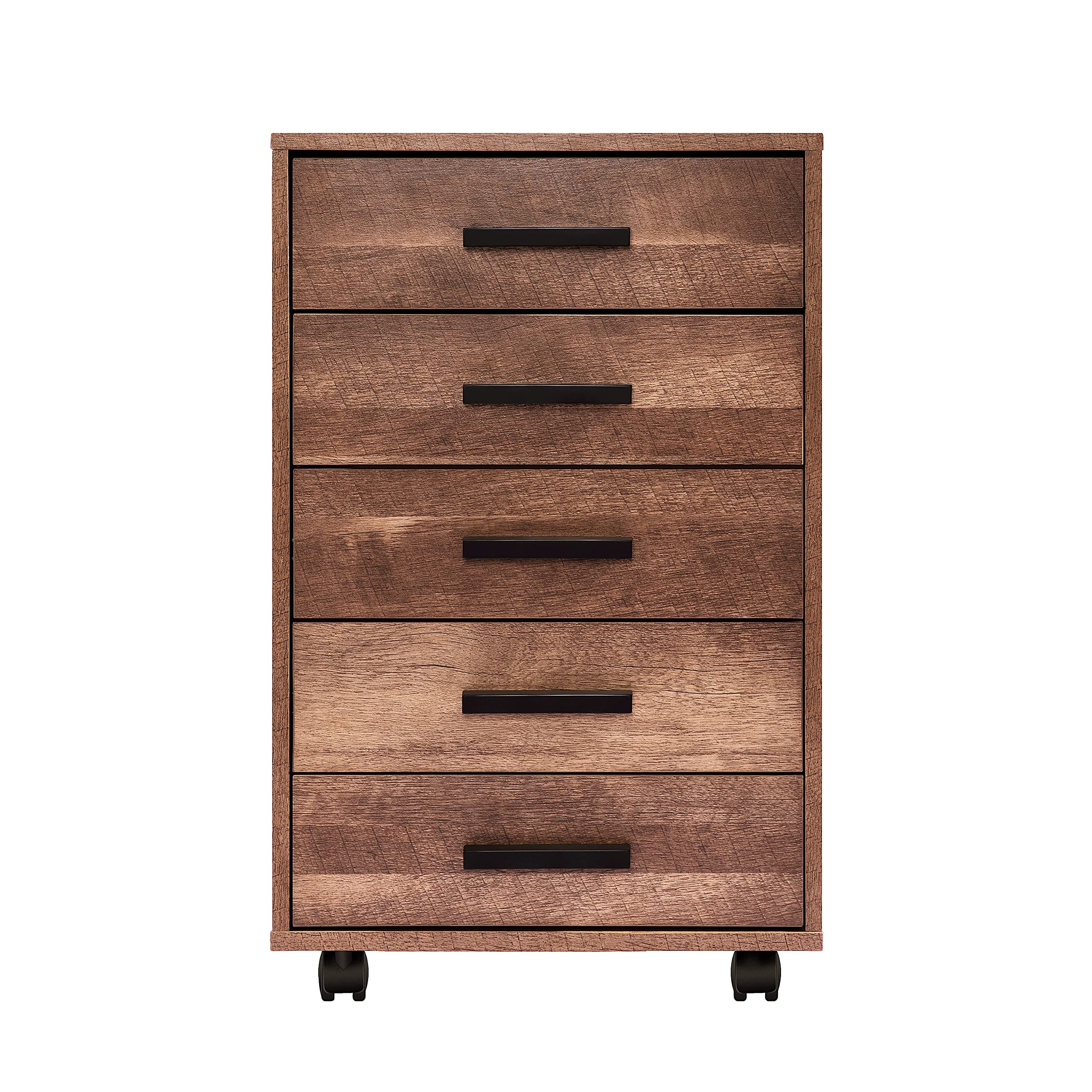 Naomi Home Parker Modern 5-Drawer Dresser Cabinet - Industrial Design Wooden Chest with Swivel Casters & Stylish Handles - Compact Bedroom Storage Solution for Clothes, Accessories & Home Organization (Chestnut)