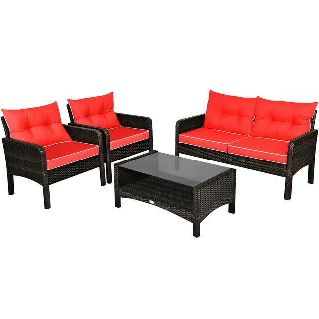 Costway 4-Piece Rattan Patio Furniture Set with Glass Coffee Table for Outdoor Garden, Backyard, Poolside & Balcony Use