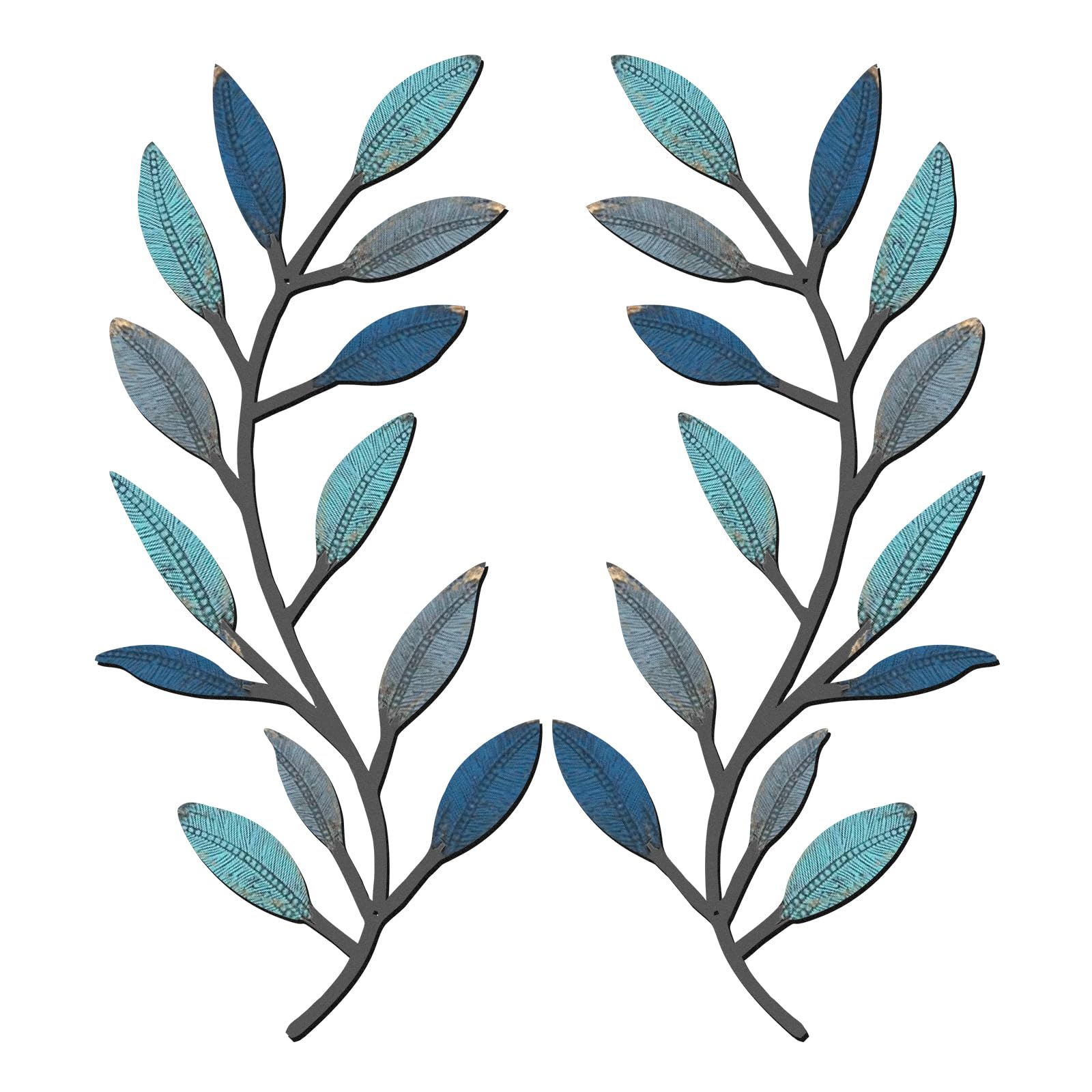 Vintage Blue Metal Tree Leaf Wall Decor - 2 Pack Olive Branch Vine Wall Art for Living Room, Hallway & Outdoor Spaces - Rustic Home Decor for Farmhouse, Patio, Garden and Wedding Decorations