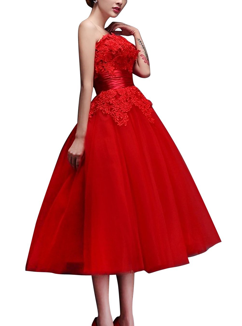 Vintage Tea Length Lace Wedding Dress for Women - Elegant Tulle Bridal Gown for Garden Weddings, Vintage Theme Parties & Romantic Photoshoots