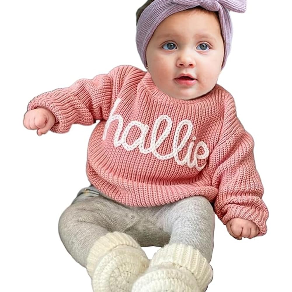 GODMERCH Personalized Hand Embroidered Oversized Knit Baby Sweater - Custom Name Sweater for Infants & Toddlers | Soft Fall & Winter Clothing | Unique Newborn Gift & Name Announcement Outfit for Baby Showers & Photoshoots