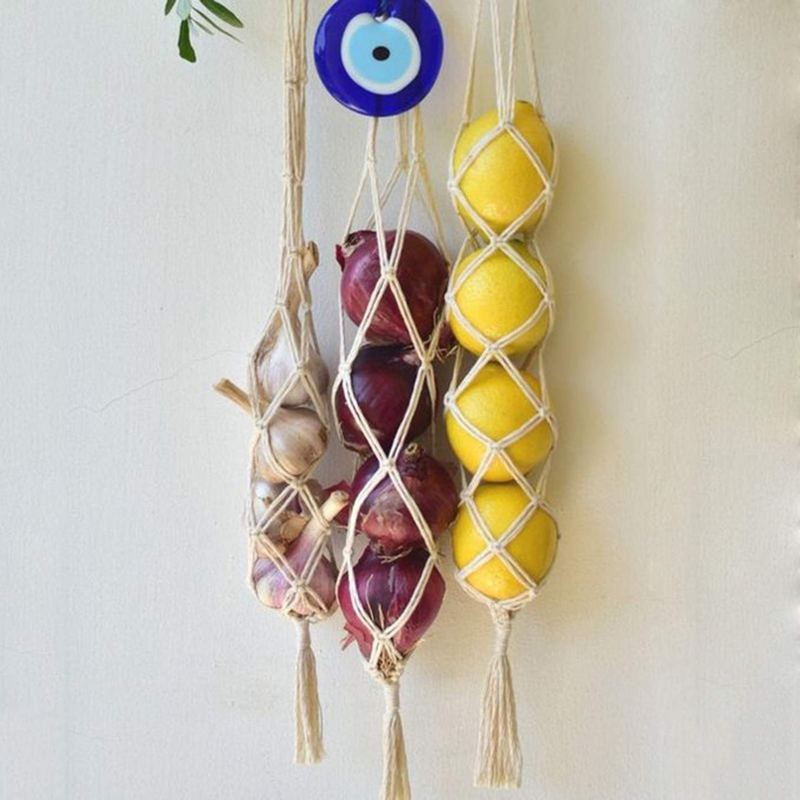 helegeSONG Reusable Handmade Hanging Mesh Storage Bags - Breathable Organizer for Vegetables, Potatoes, Onions, Garlic & Fruits - Eco-Friendly Kitchen & Pantry Organization - Perfect for Farmers Market, Grocery Shopping & Home Storage (Beige)