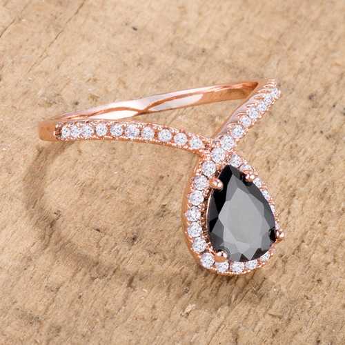 1.5Ct Rose Gold Plated Chevron Ring with Onyx & Cubic Zirconia - Elegant Statement Jewelry for Women, Perfect for Parties, Weddings & Everyday Wear