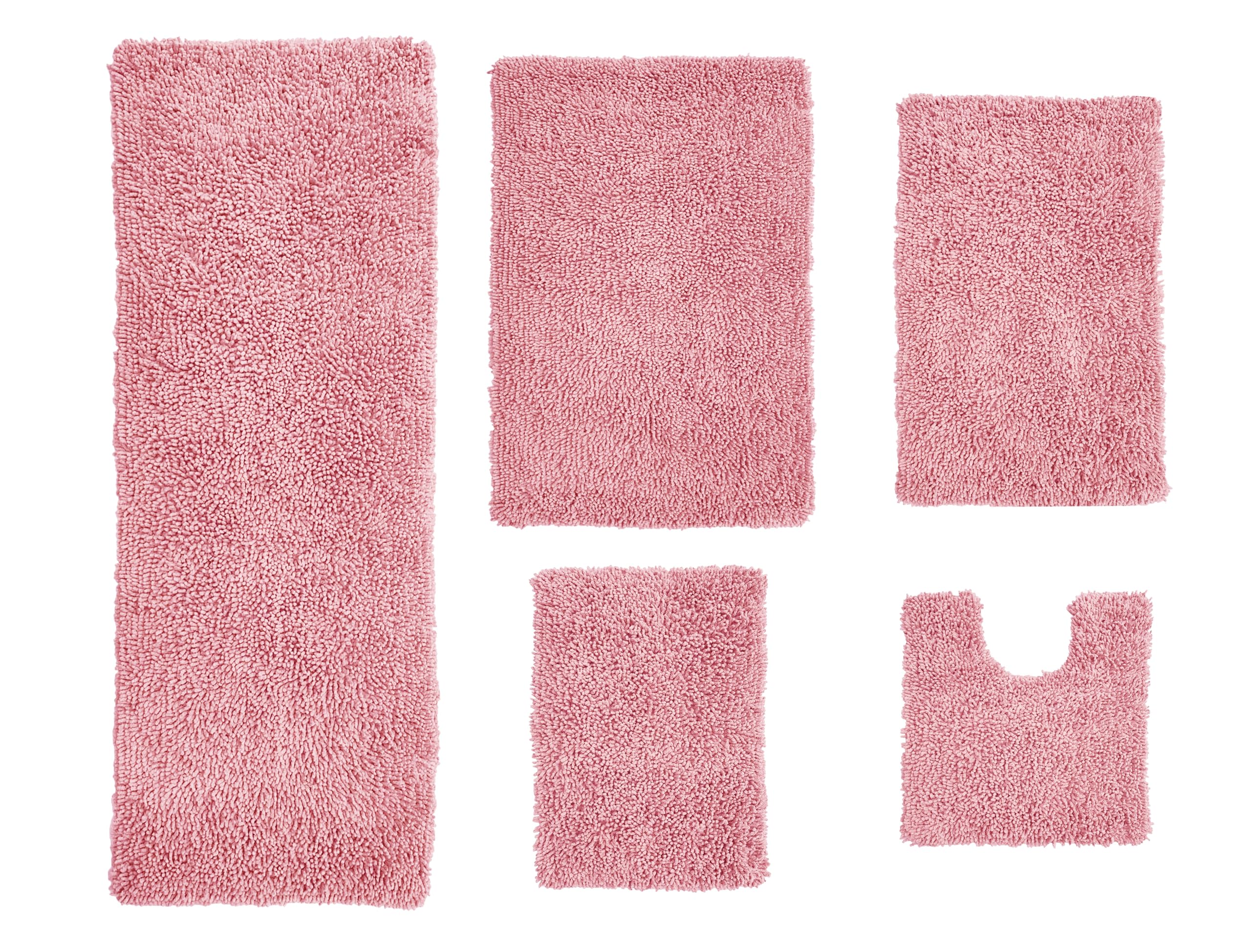 Home Weavers Fantasia 100% Cotton Bath Rug Set - Ultra Soft, Absorbent & Washable Non-Slip Bath Mats for Bathroom & Kitchen - 5 Piece Contour Set in Pink - Perfect for Bathroom Safety, Spa Relaxation & Home Decor