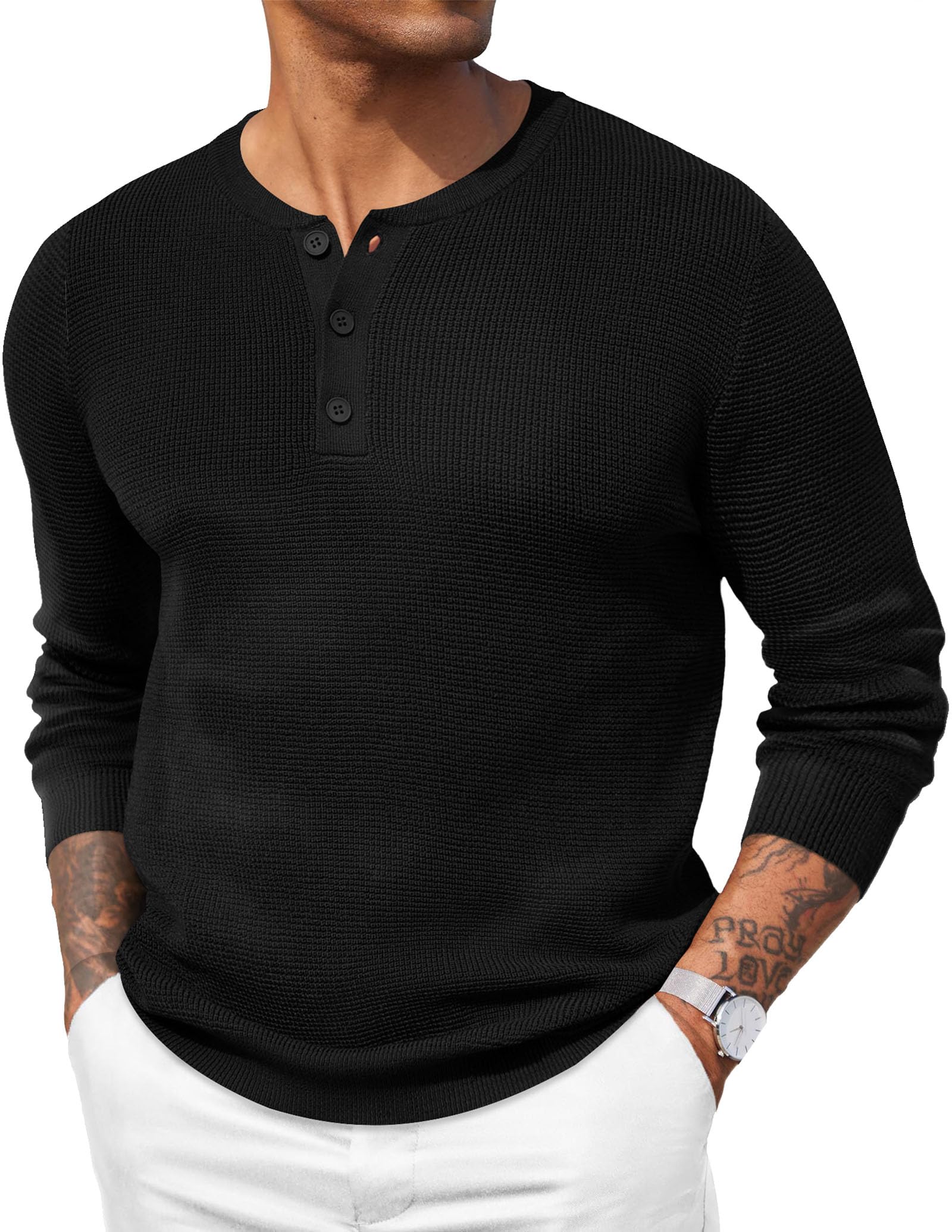 COOFANDY Men's Waffle Henley Shirt - Lightweight Knit Pullover Sweater with Long Sleeves, Crewneck Casual T-Shirt for Everyday Wear, Date Night & Outdoor Activities
