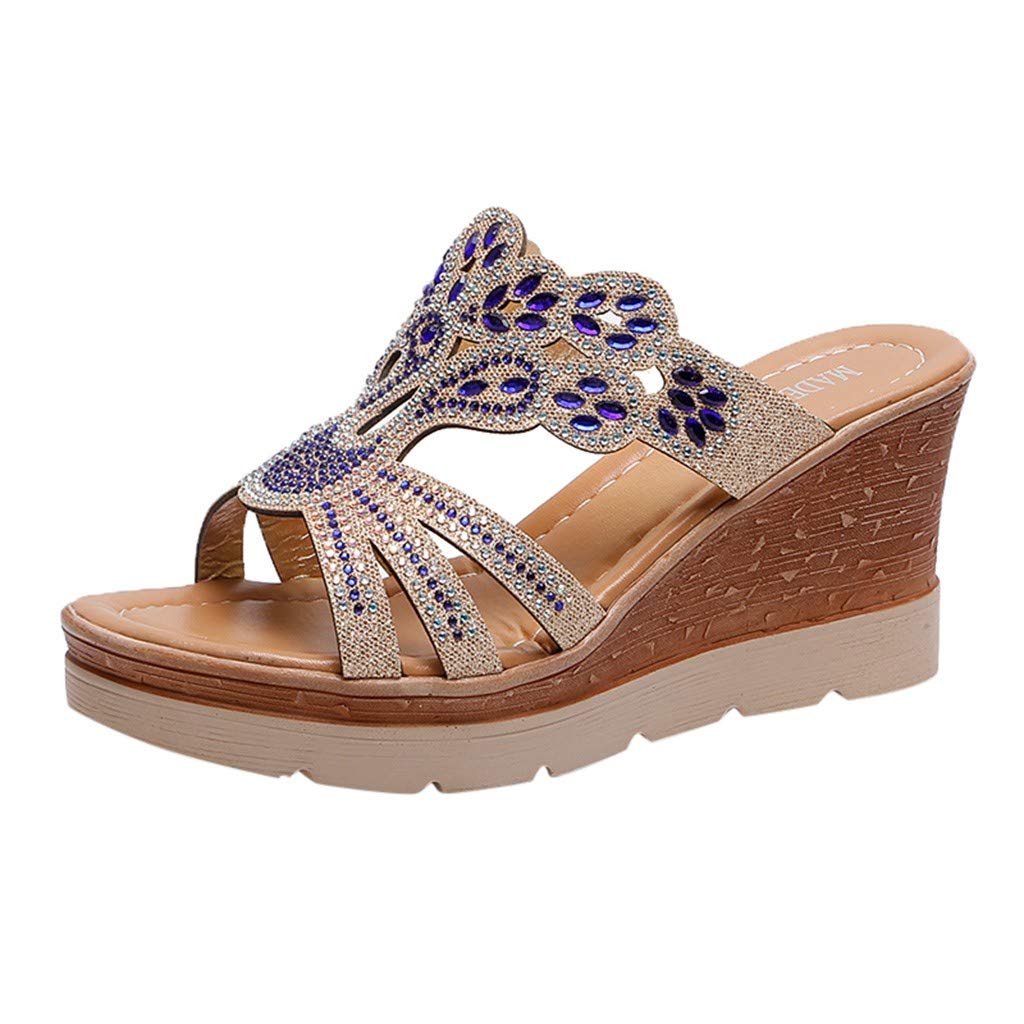 Women's Bohemian Crystal Wedge Sandals - Thick Peep Toe Summer Slippers for Ladies | Perfect for Beach Vacations, Date Nights & Casual Outings