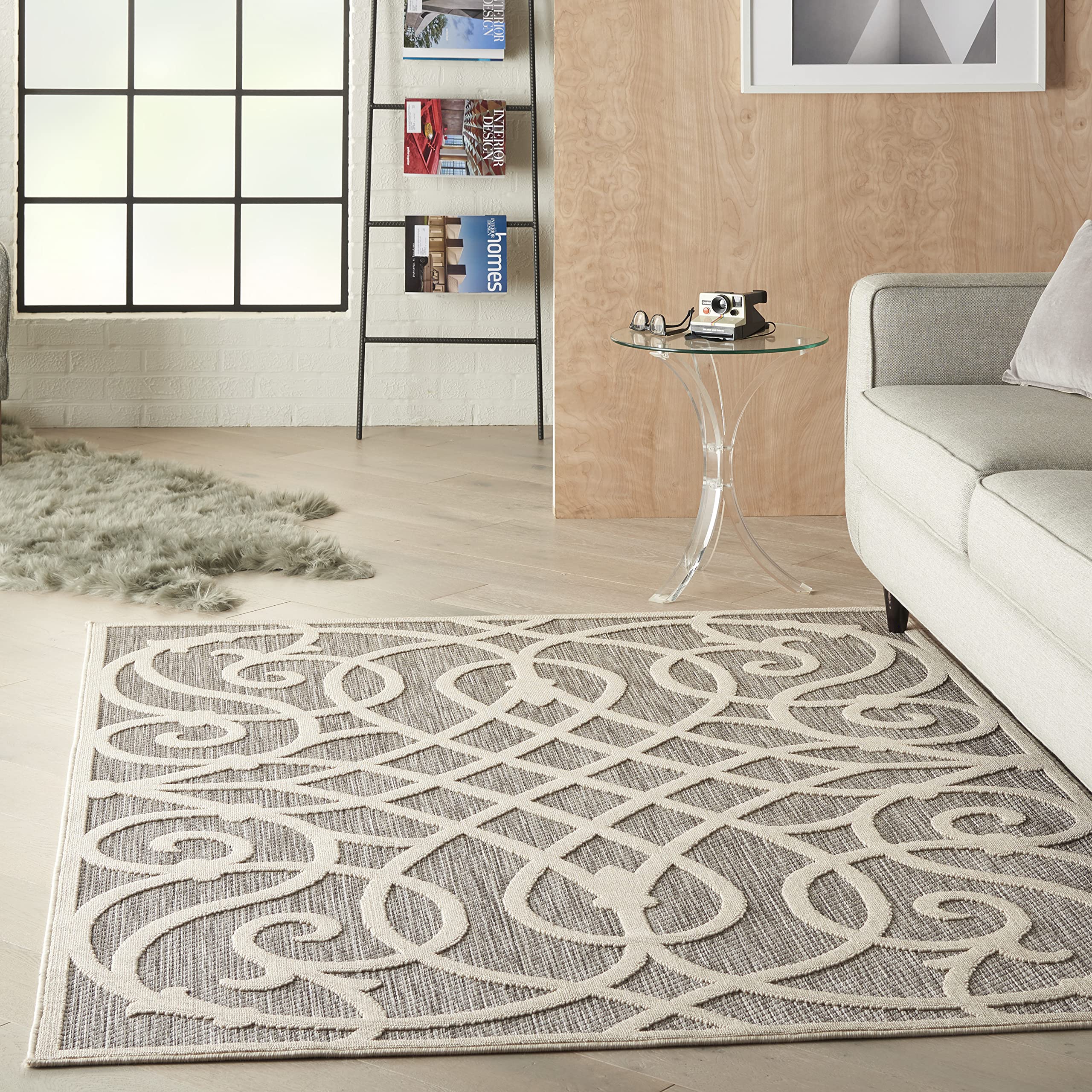 Nourison Palamos Indoor/Outdoor 6' x 9' Area Rug - Soft Grey, Easy to Clean, Non-Shedding | Perfect for Bedroom, Living Room, Dining Room, Backyard, Deck & Patio (6x9) - Adds Comfort & Style to Any Space