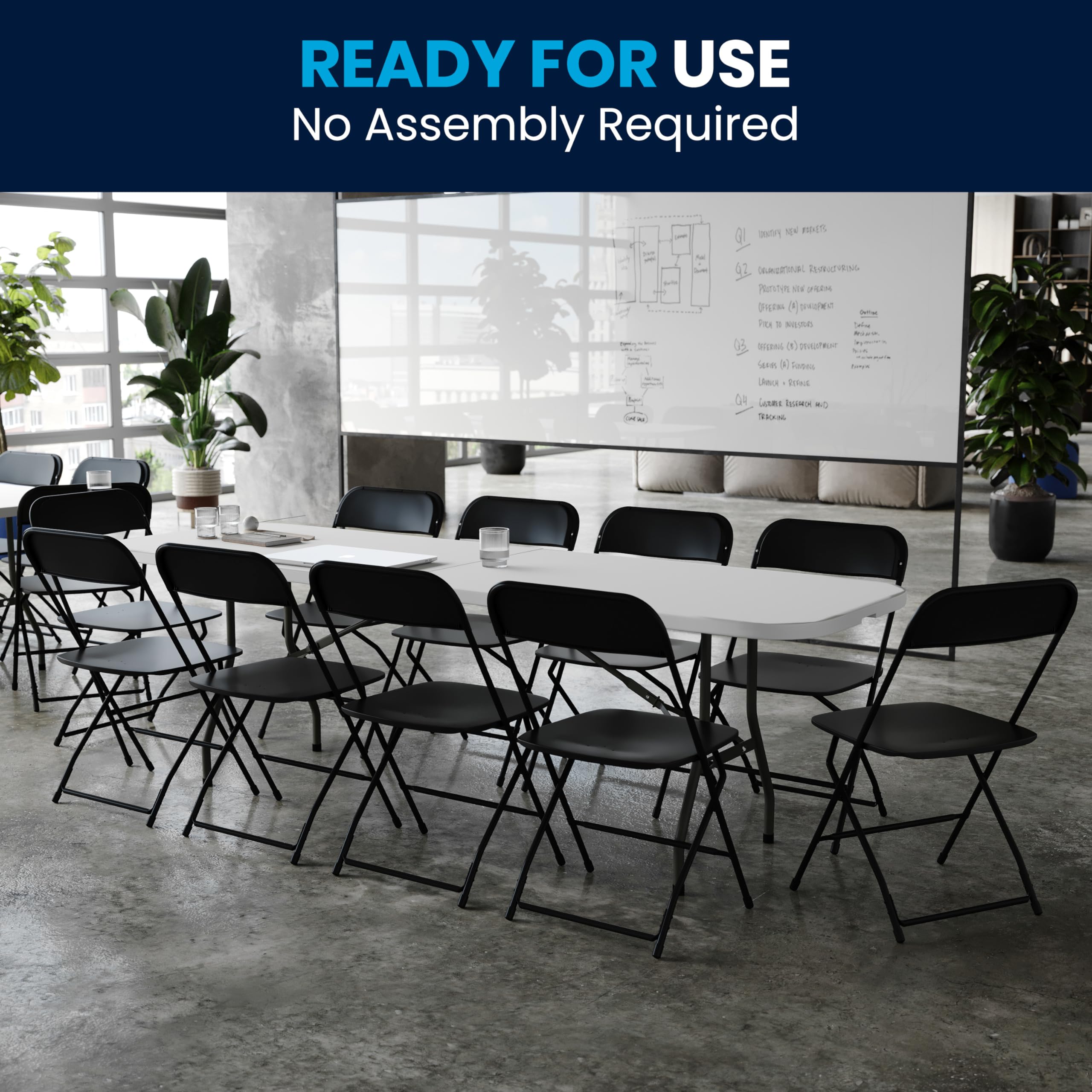 Flash Furniture 8-Foot Plastic Bi-Fold Training Table Set with 10 Folding Chairs - 11-Piece Rectangular Folding Table & Chairs in White/Black - Perfect for Classrooms, Meetings & Events