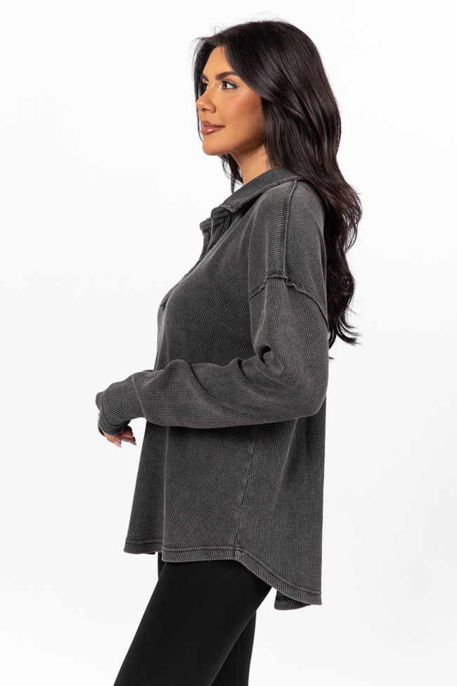 Leaf Your Worries Black Acid Washed Waffle Collared Top - Stylish Women's Casual Shirt for Everyday Wear, Date Night & Office Outfits