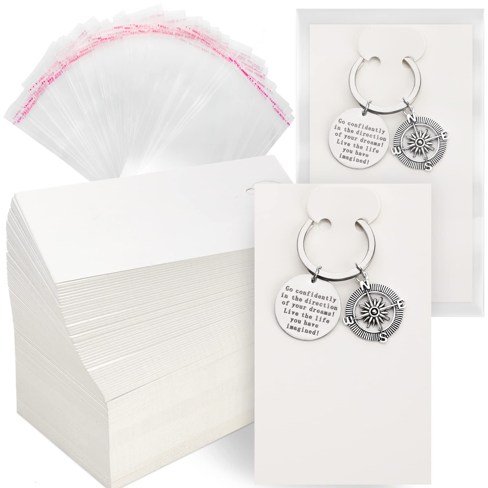 400 Pcs White Keychain Display Cards with Clear Self-Sealing Bags (2.8