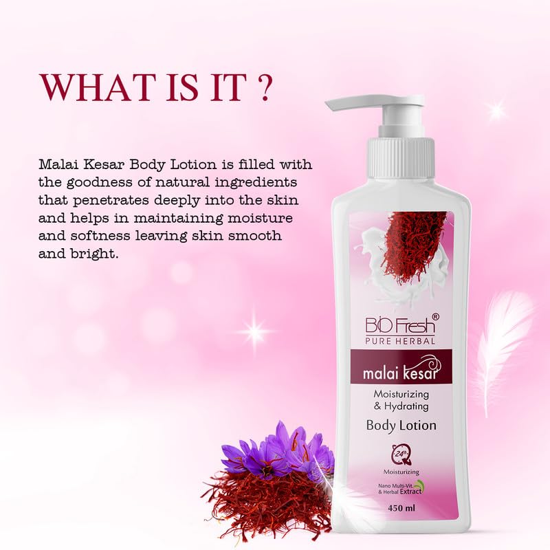 BIOFRESH HERBALS Rice Water & Malai Kesar Deep Nourishing Body Lotion for Dry Skin - Hydrating Moisturizer with Natural Ingredients (Pack of 2, 450ml Pump Bottles) | Perfect for Daily Skincare Routine & Winter Dry Skin Care