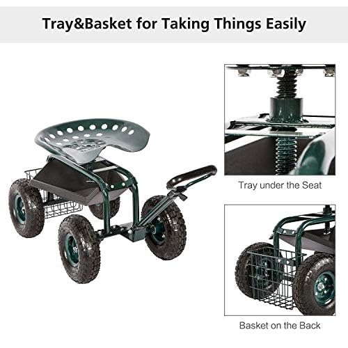 KINTNESS Heavy Duty Garden Cart Wagon with Swivel Seat, Extendable Handle & Utility Basket - Foldable Outdoor Utility Cart for Gardening, Yard Work, Camping, Picnics (Green)