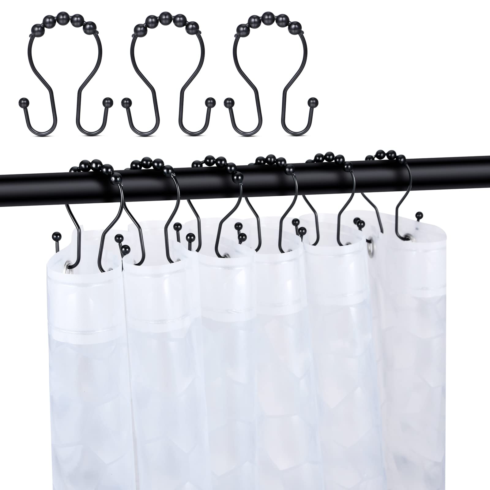 Stainless Steel Black Shower Curtain Hooks Rings - Rust-Resistant Double Shower Curtain Hooks for Bathroom, Heavy Duty Shower Rod Accessories - Perfect for Modern Bathrooms, Hotels, and Dorm Showers