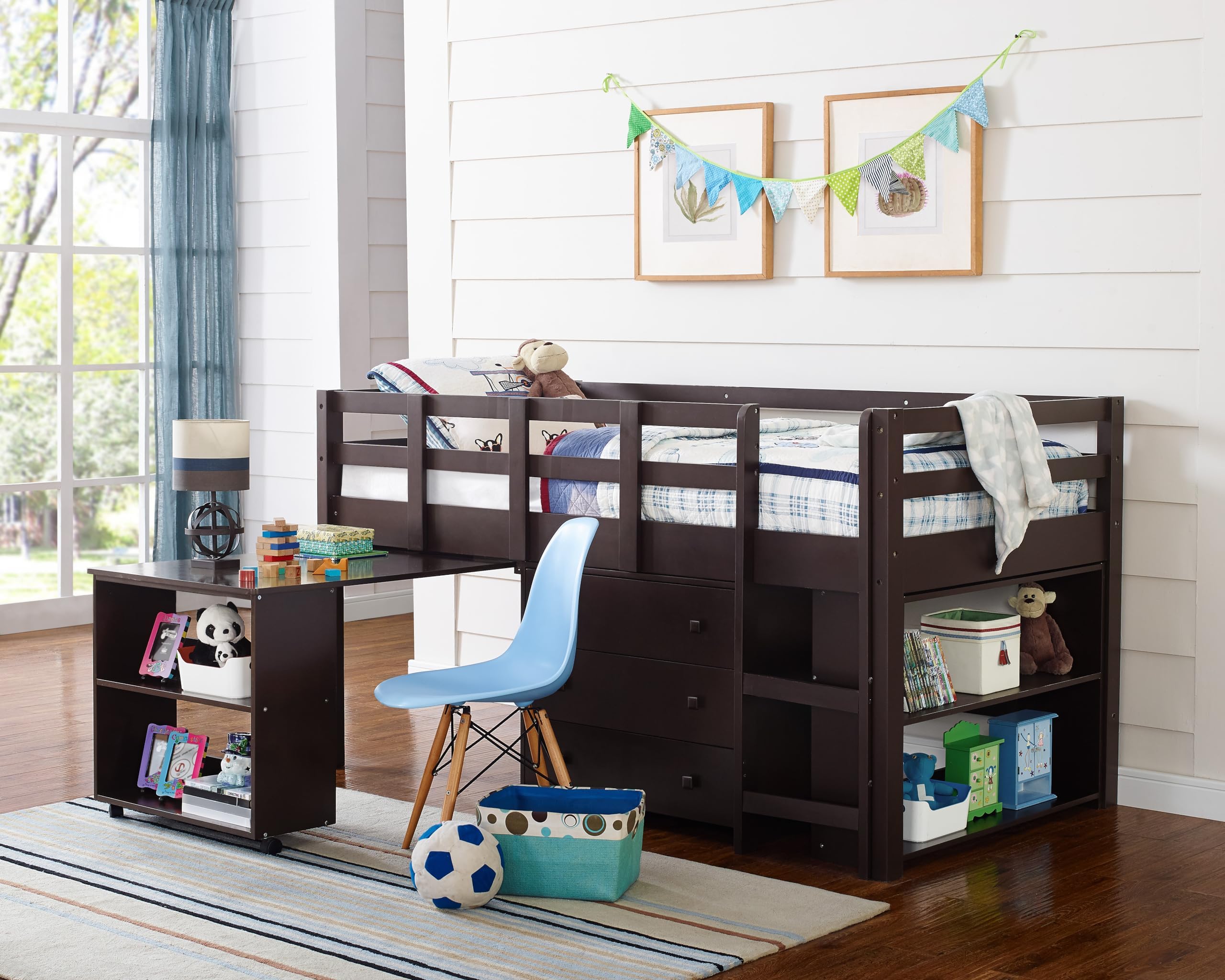 Naomi Home Twin Size Loft Bed with Desk & Storage - Pine Wood Study Bed for Kids with Safety Guard Rails, Bookcase Shelf & Cabinet Ladder - Espresso Finish - Perfect for Small Bedrooms, Dorm Rooms & Kids' Study Spaces