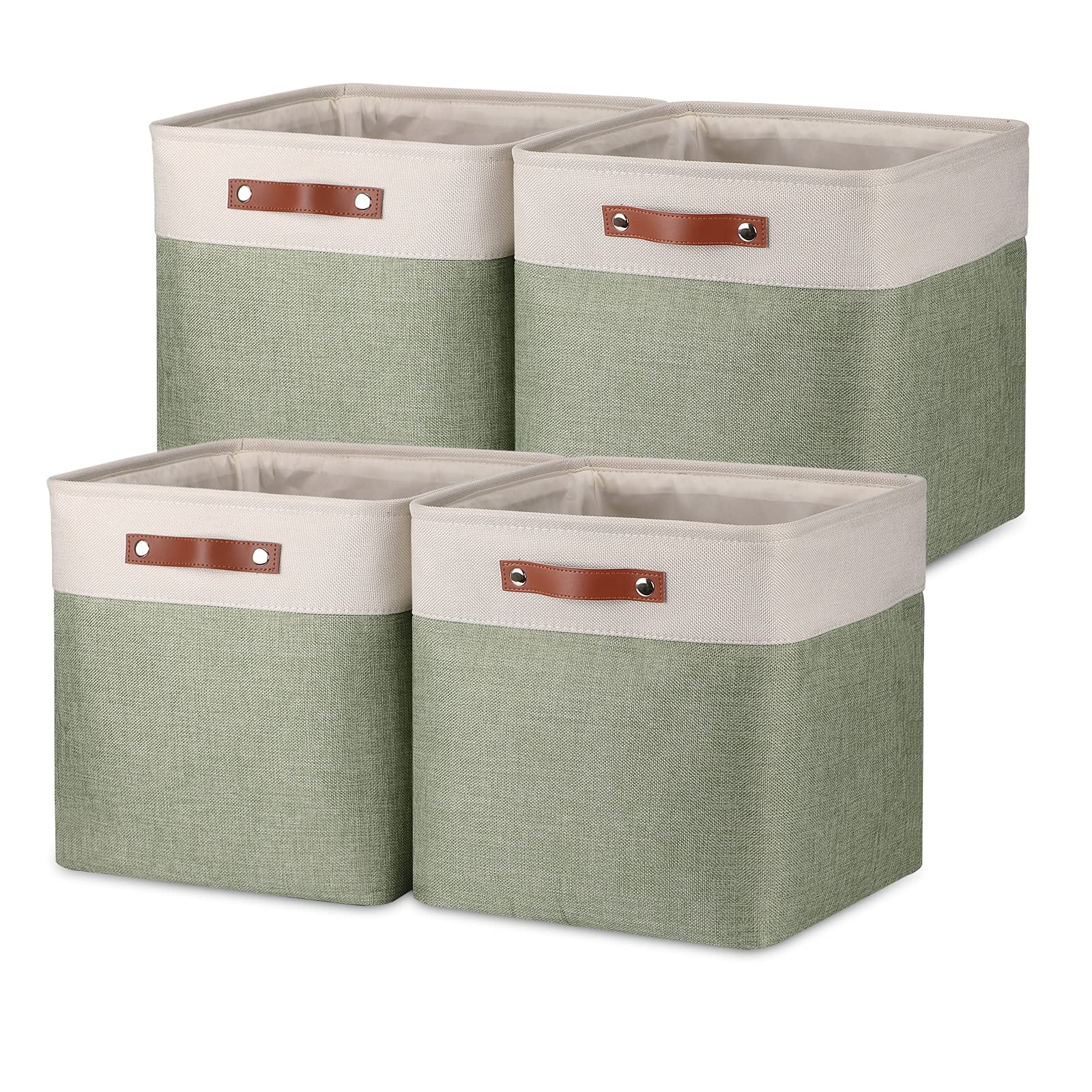 Temary 4-Pack Fabric Storage Baskets with Leather Handles - 13 Inch Cube Organizer Bins for Shelves, Closet, Nursery & Home Organization (White & Green) - Perfect for Storing Clothes, Toys, Blankets & Home Essentials