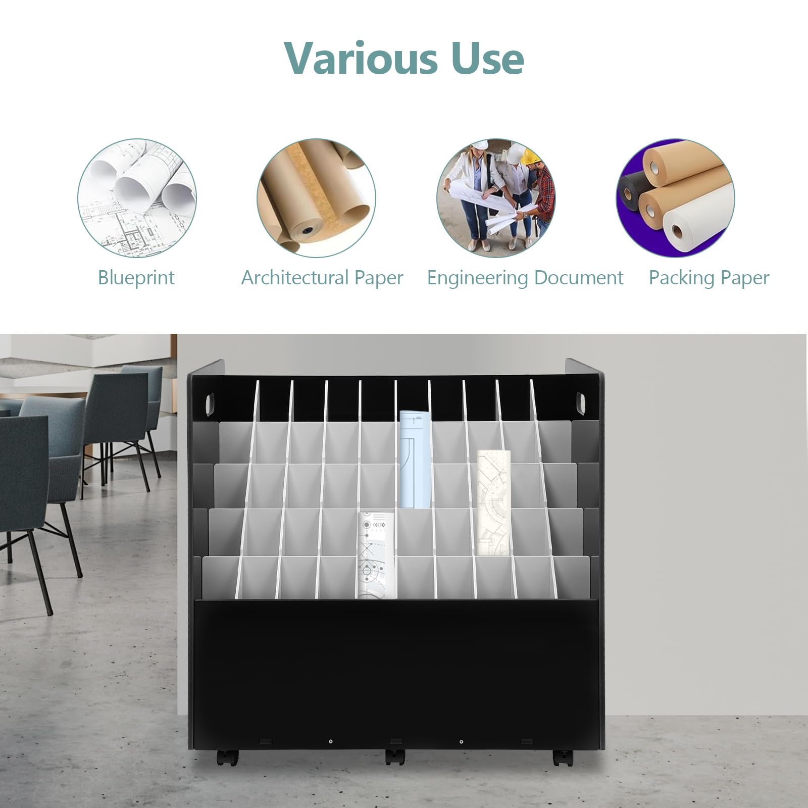 50-Slot Blueprint Storage Rack Cart with Wheels - Portable Construction Plan Holder & Organizer for Blueprints, Drawings, and Roll Files - Ideal for Architects, Engineers, and Construction Sites (Black)