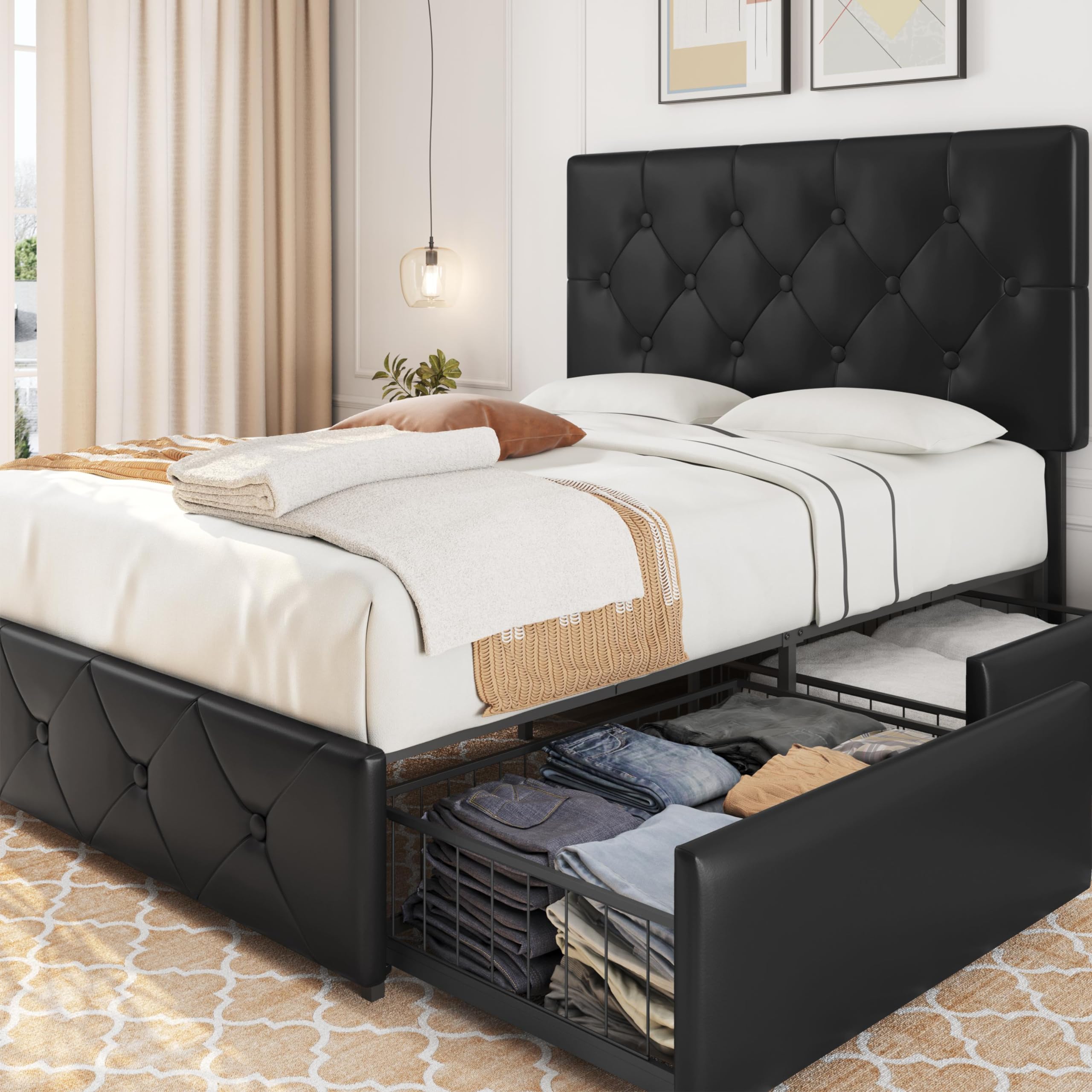 Yaheetech Full Size Upholstered Bed Frame with 4 Storage Drawers - Adjustable Headboard, Faux Leather Platform Bed with Wooden Slats Support - No Box Spring Needed - Black (Perfect for Small Bedrooms & Guest Rooms with Storage Needs)
