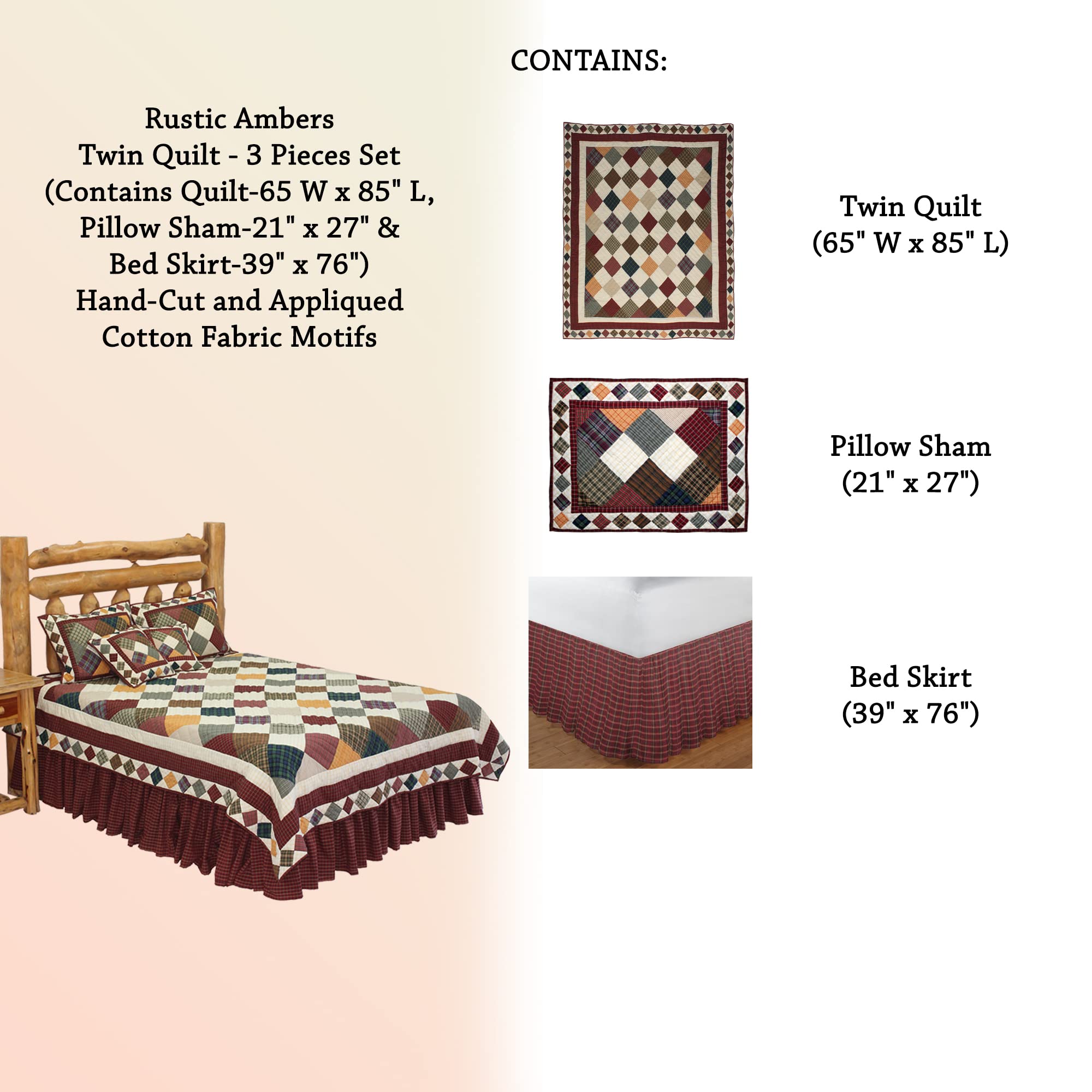 Rustic Ambers Twin Quilt Set - 3 Piece Handmade Cotton Patchwork Bedding (65
