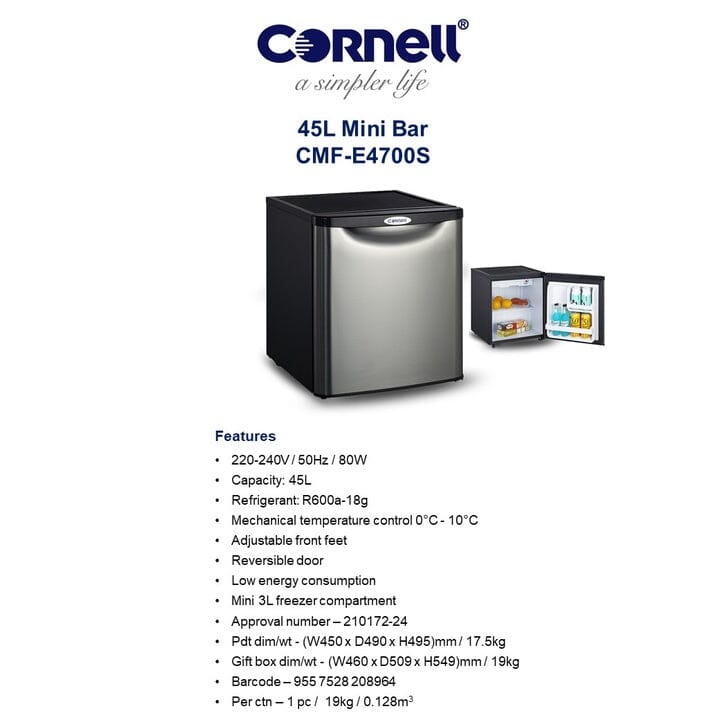 Cornell 45L Mini Bar Fridge CMFE4700S - Compact Beverage Cooler for Beer, Wine & Soda - Perfect for Dorm, Office, Bedroom & Small Spaces