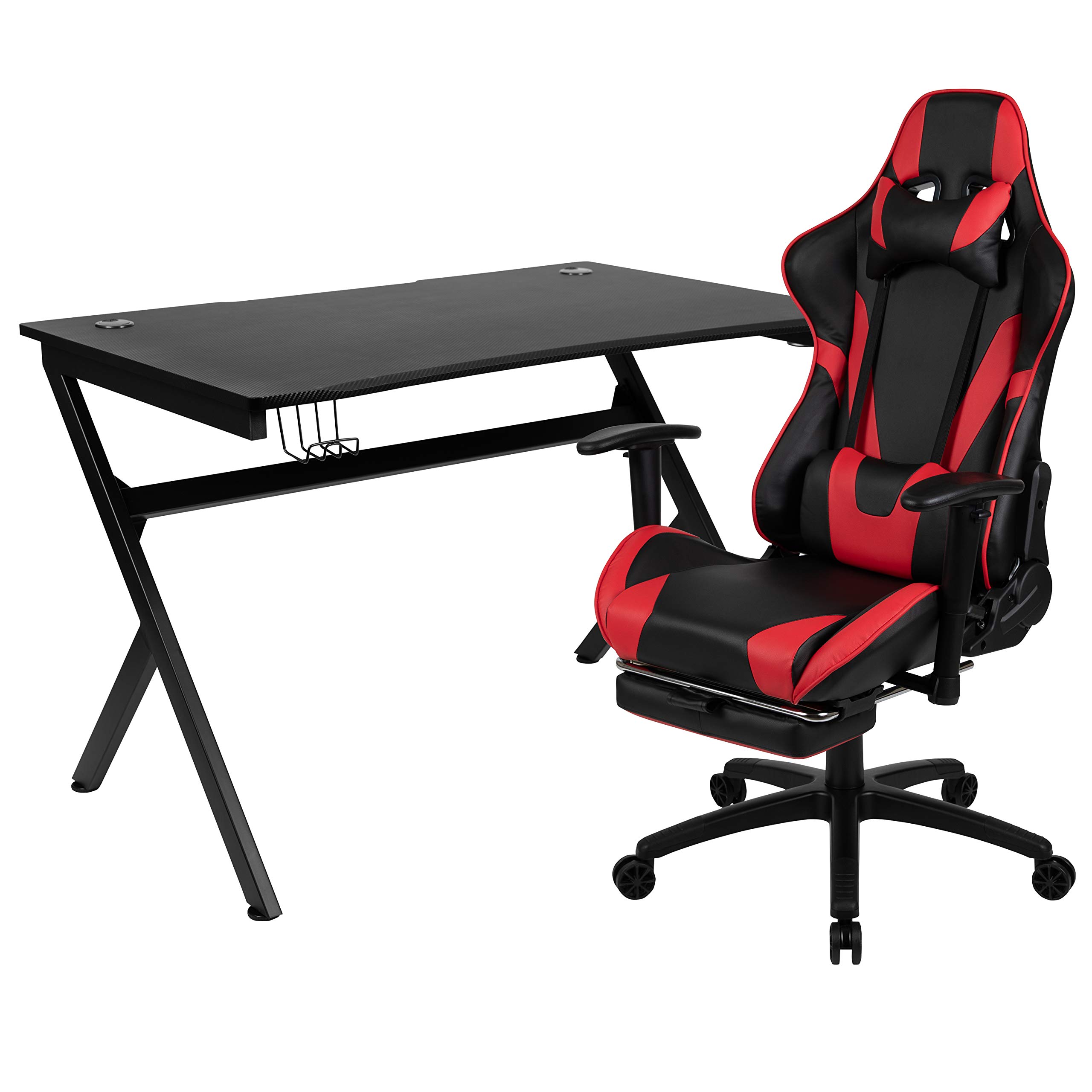Black Gaming Desk & Red/Black Ergonomic Gaming Chair Set with Cup Holder, Headrest & Cable Management - Perfect for PC Gaming, Streaming & Home Office Setup