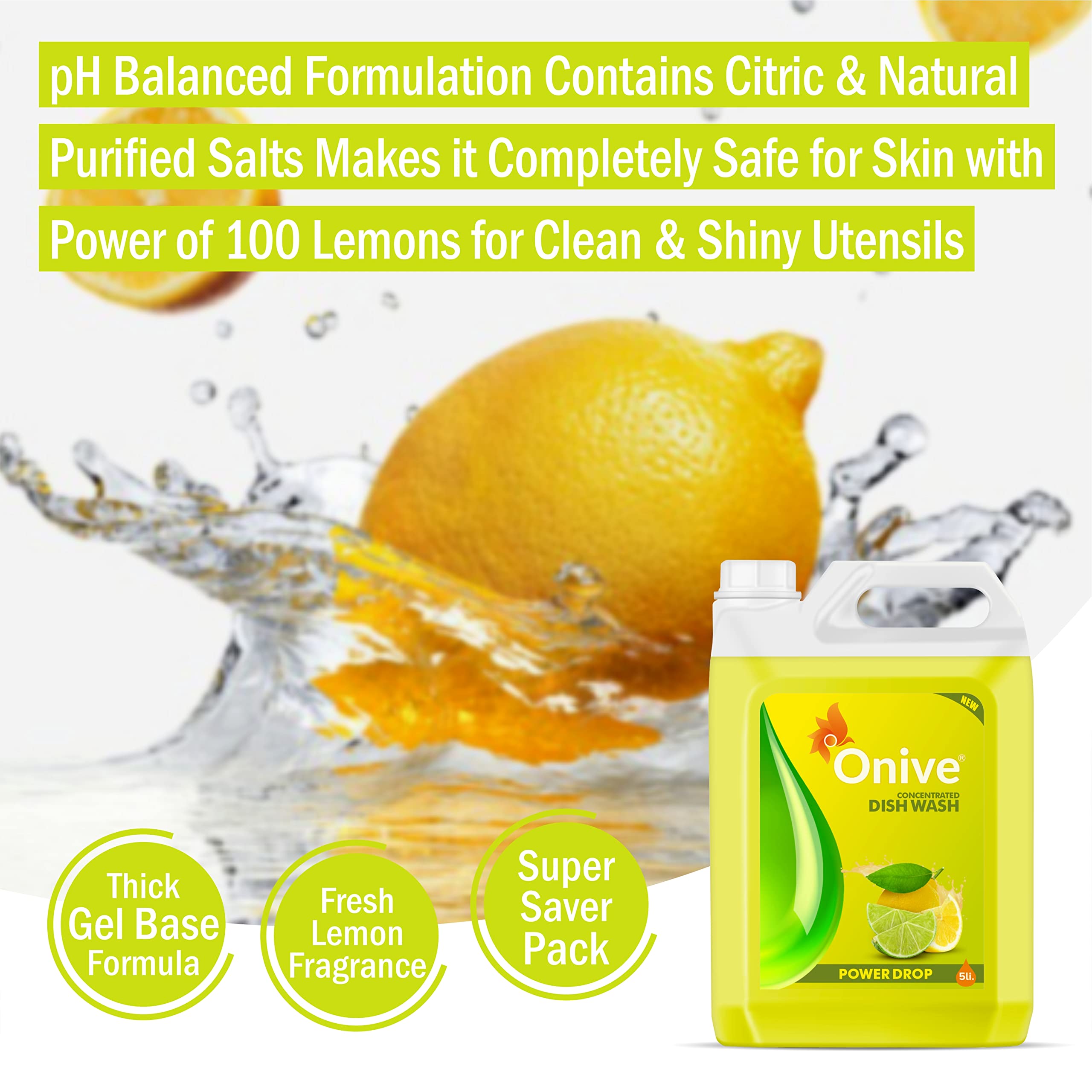 Onive PowerDrop Dishwash Liquid Gel 5L Refill Pack - Lemon Power, No Residue, Concentrated Dishwasher Detergent for All Utensils | Heavy-Duty Kitchen Cleaning for Pots, Pans & Dishes
