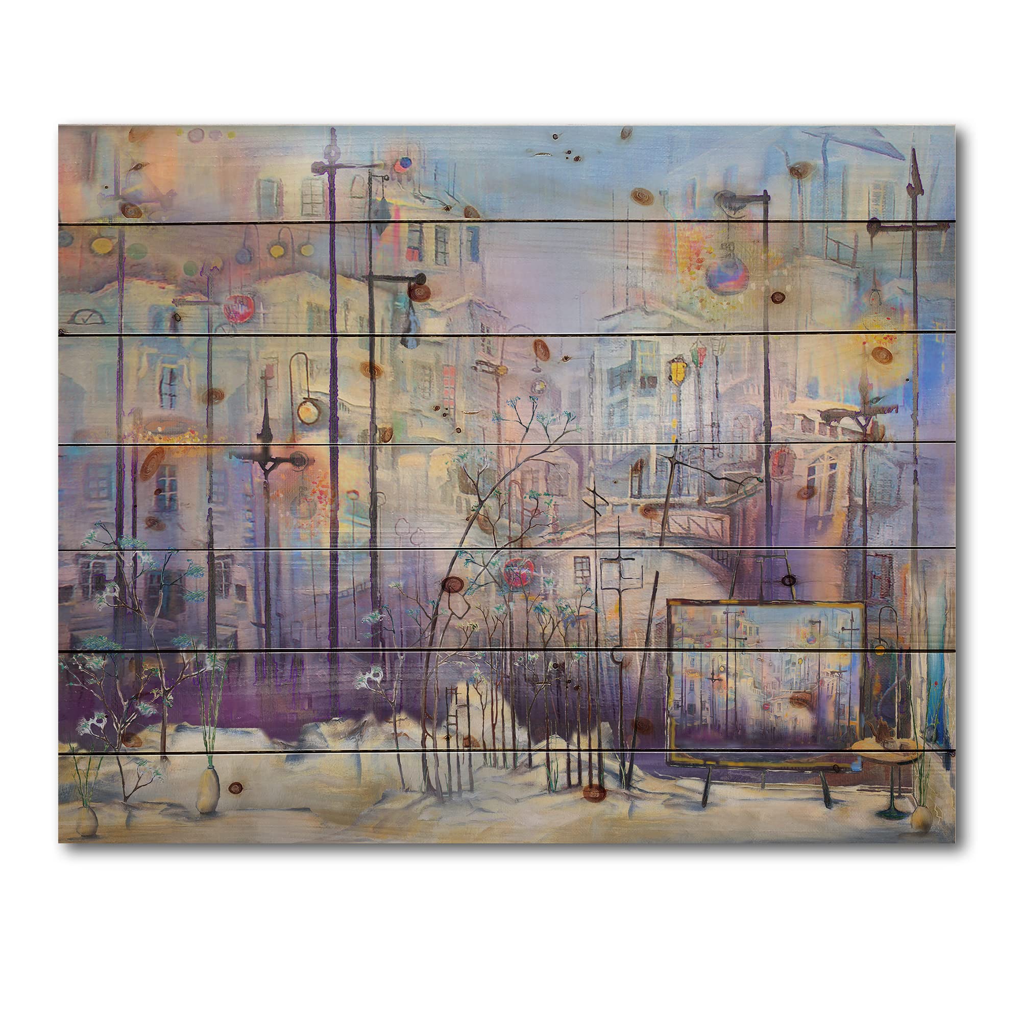 Abstract Pastel Cityscape Modern & Contemporary Wood Wall Art - Purple Landscape Wood Panel Decor Printed on Natural Pine - Perfect for Living Room, Bedroom & Office Wall Decor