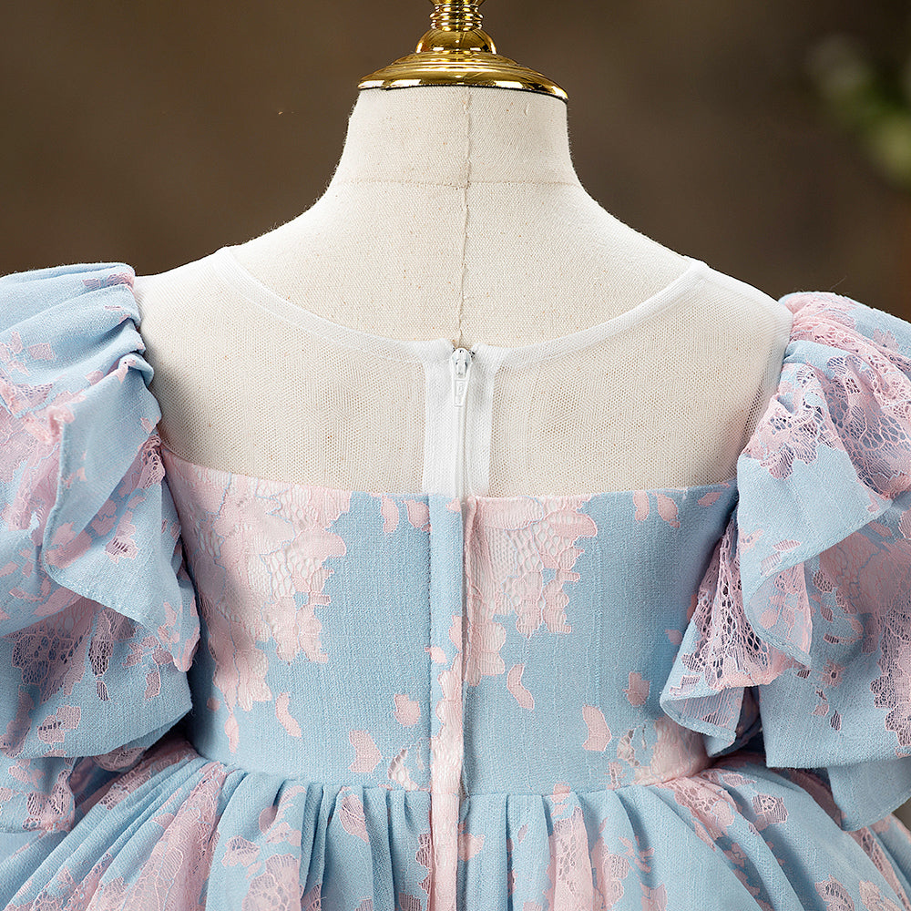 Blue Princess Tea Length Flower Girl Dress with Puff Sleeves - Elegant Floral Party Dress for Weddings, Baptisms & Special Occasions