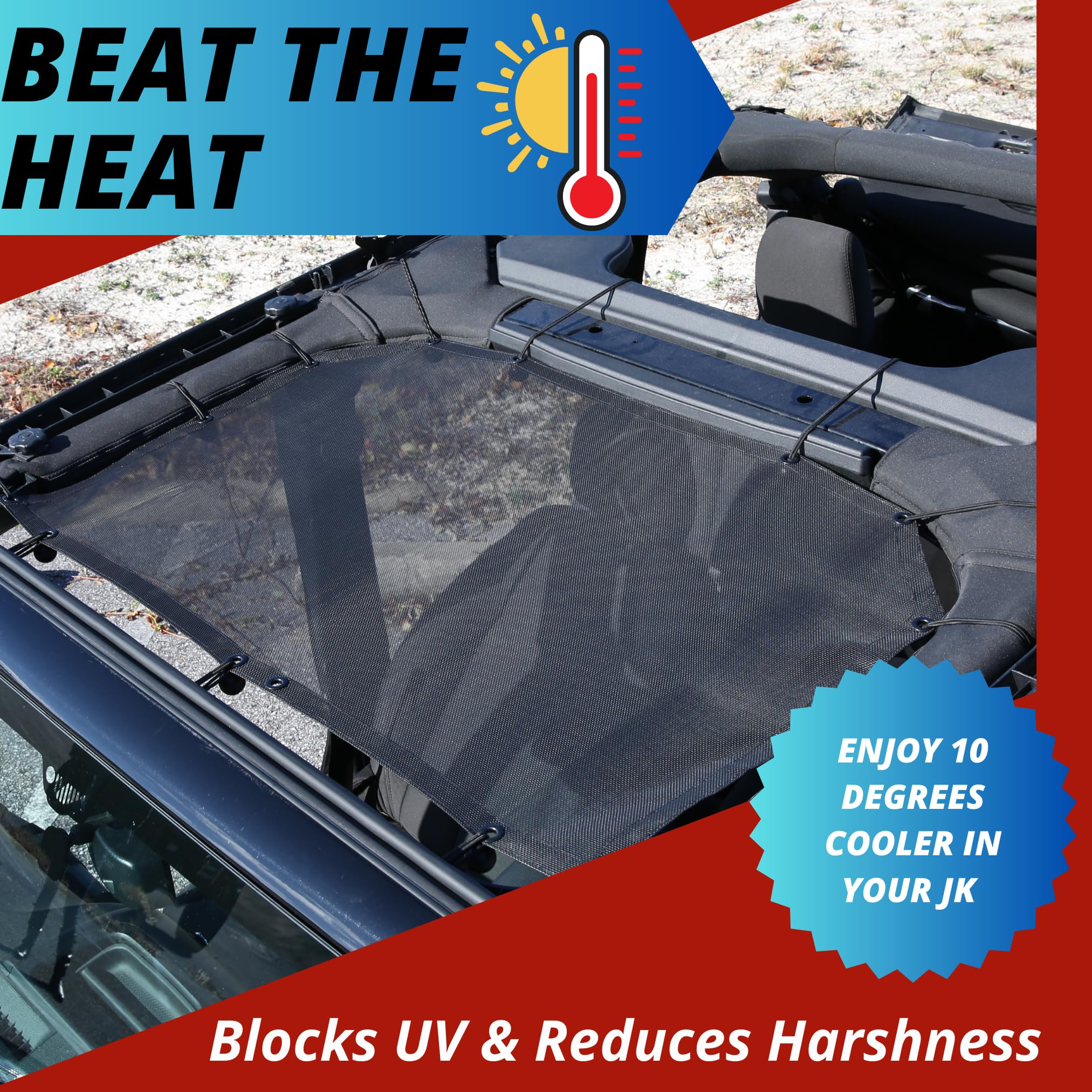 Premium Jeep Wrangler Sunshade Top Mesh (2007-2018 JK & JKU) - UV Protection, Wind & Noise Reduction, Cool Comfort - Easy No-Tool Installation - Perfect Jeep Accessories Gift for Off-Road & Summer Adventures